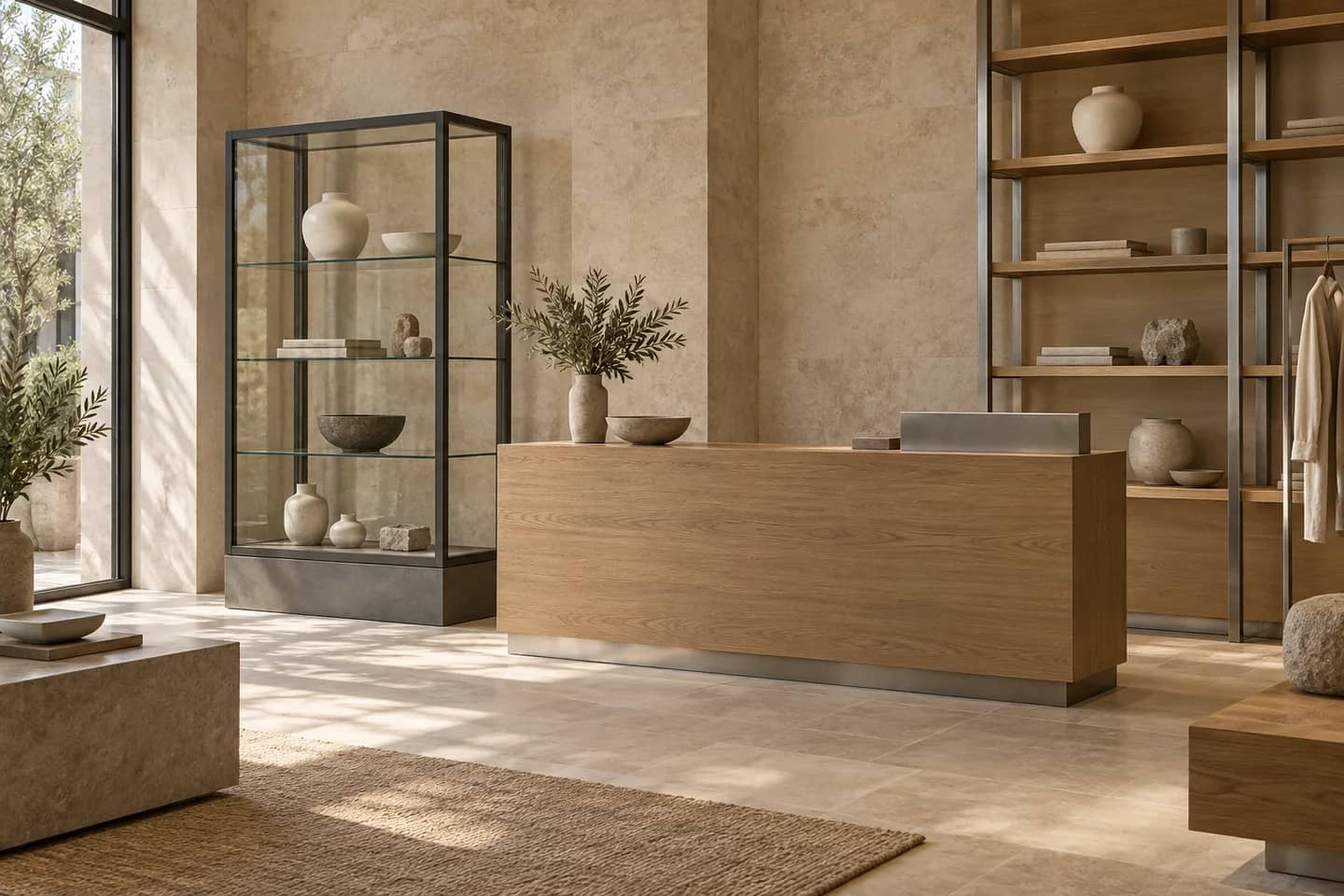 Boutique aux finitions bois et pierre avec comptoir et présentoirs. Illustration.