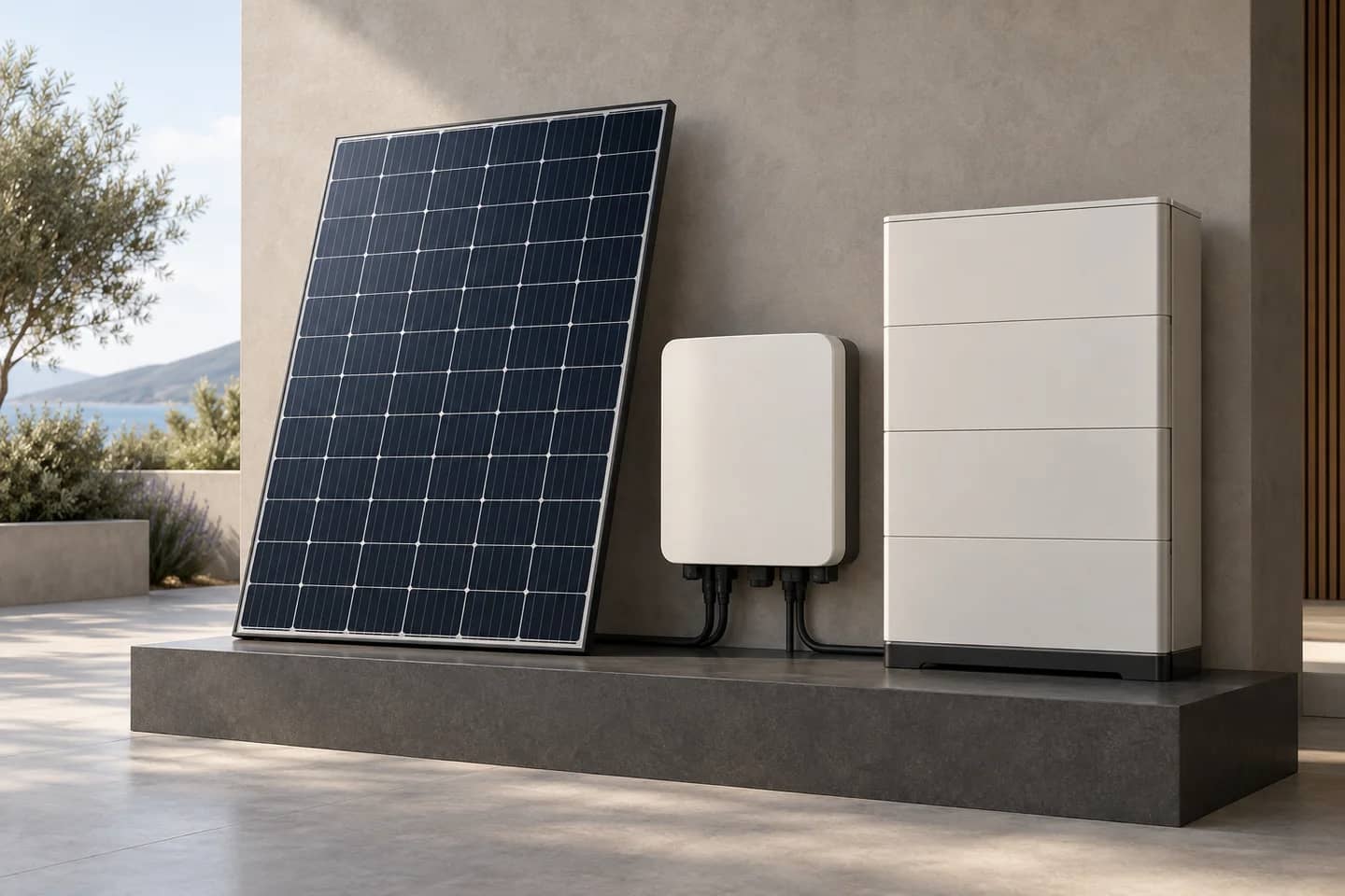 Panneau solaire, onduleur et armoire de stockage. Illustration.