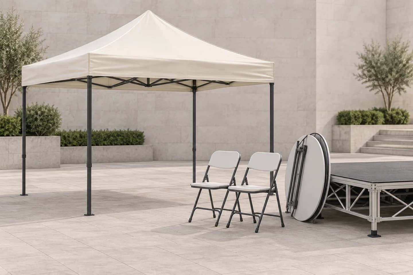 Tente de réception, chaises pliantes et éléments de scène. Illustration.