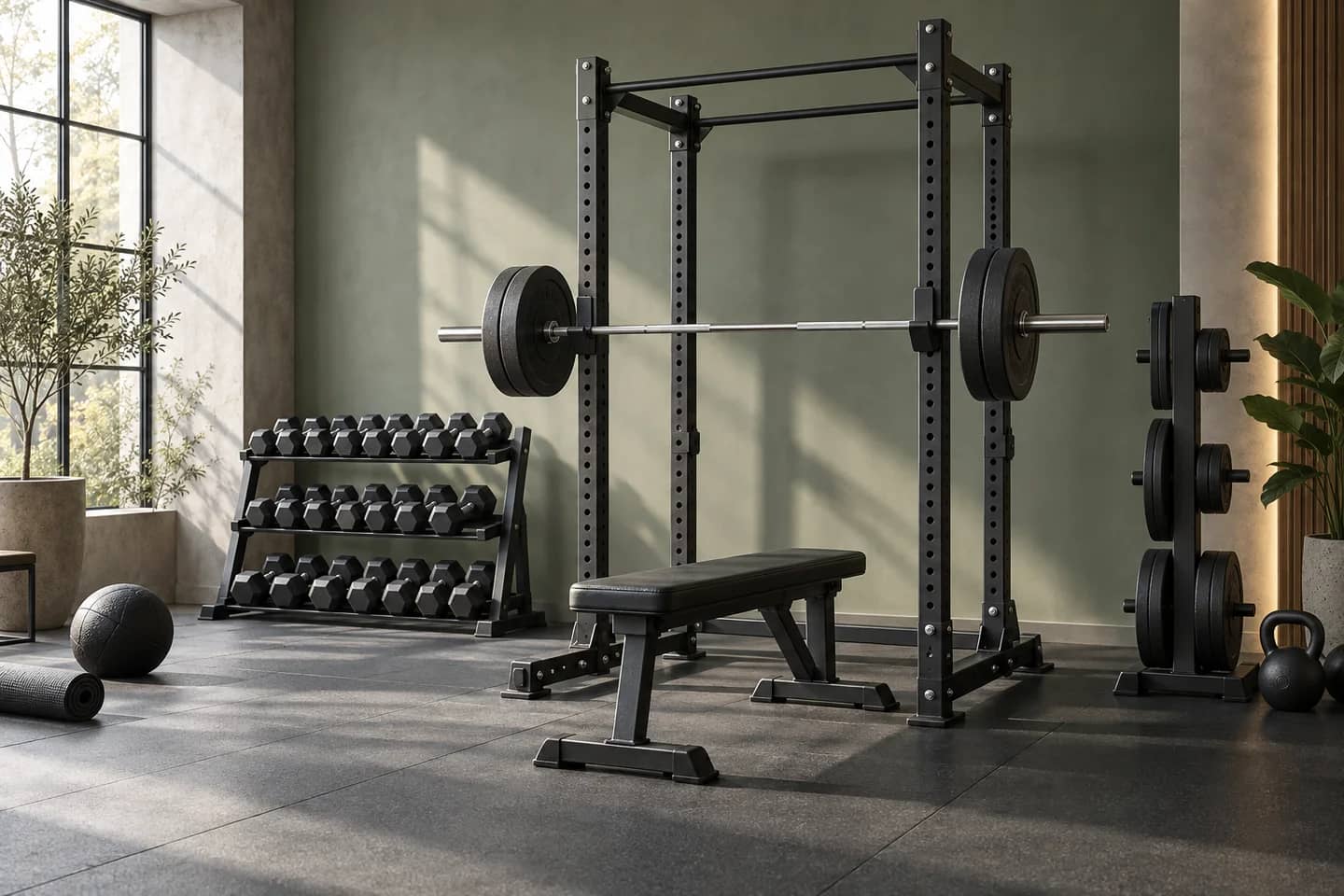 Rack, banc et haltères dans une salle de sport. Illustration.