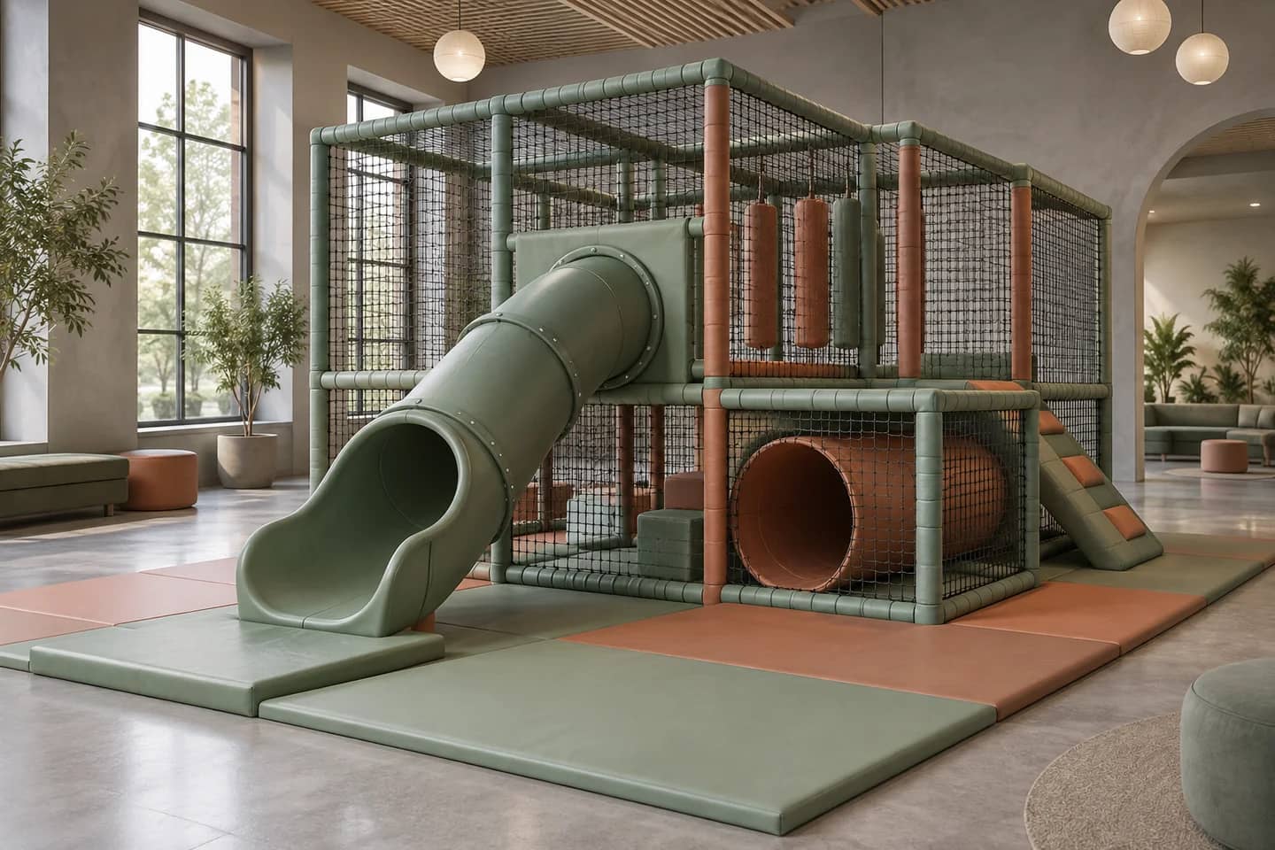 Structure de jeux indoor avec toboggan et protections. Illustration.
