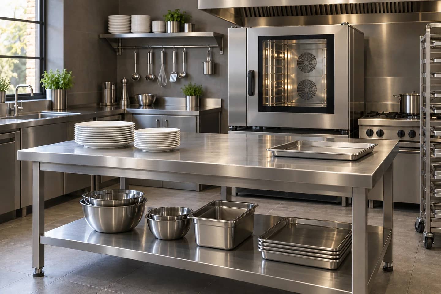 Cuisine professionnelle en inox avec table de préparation et équipements de cuisson. Illustration.