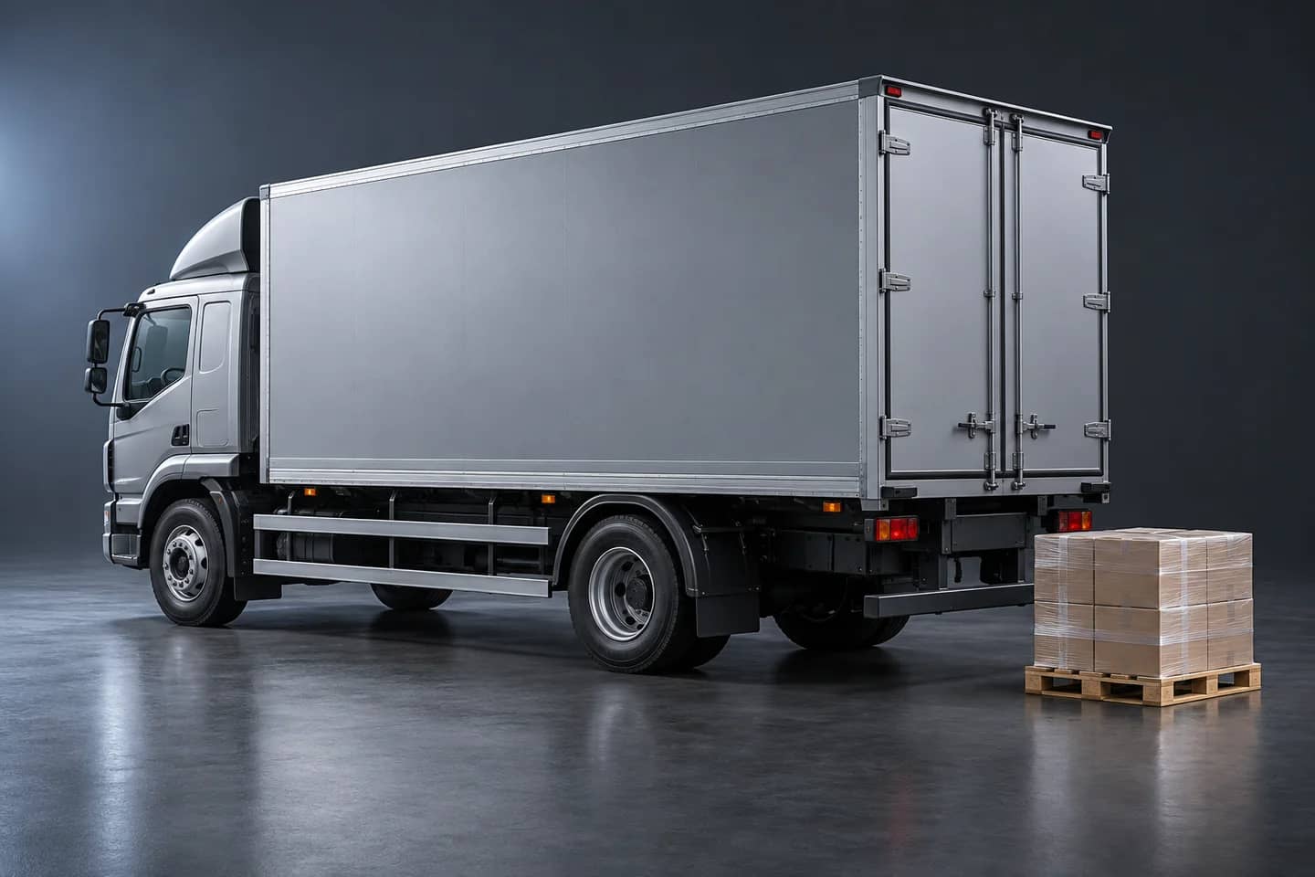 Camion et palette de colis prêts pour une livraison. Illustration.