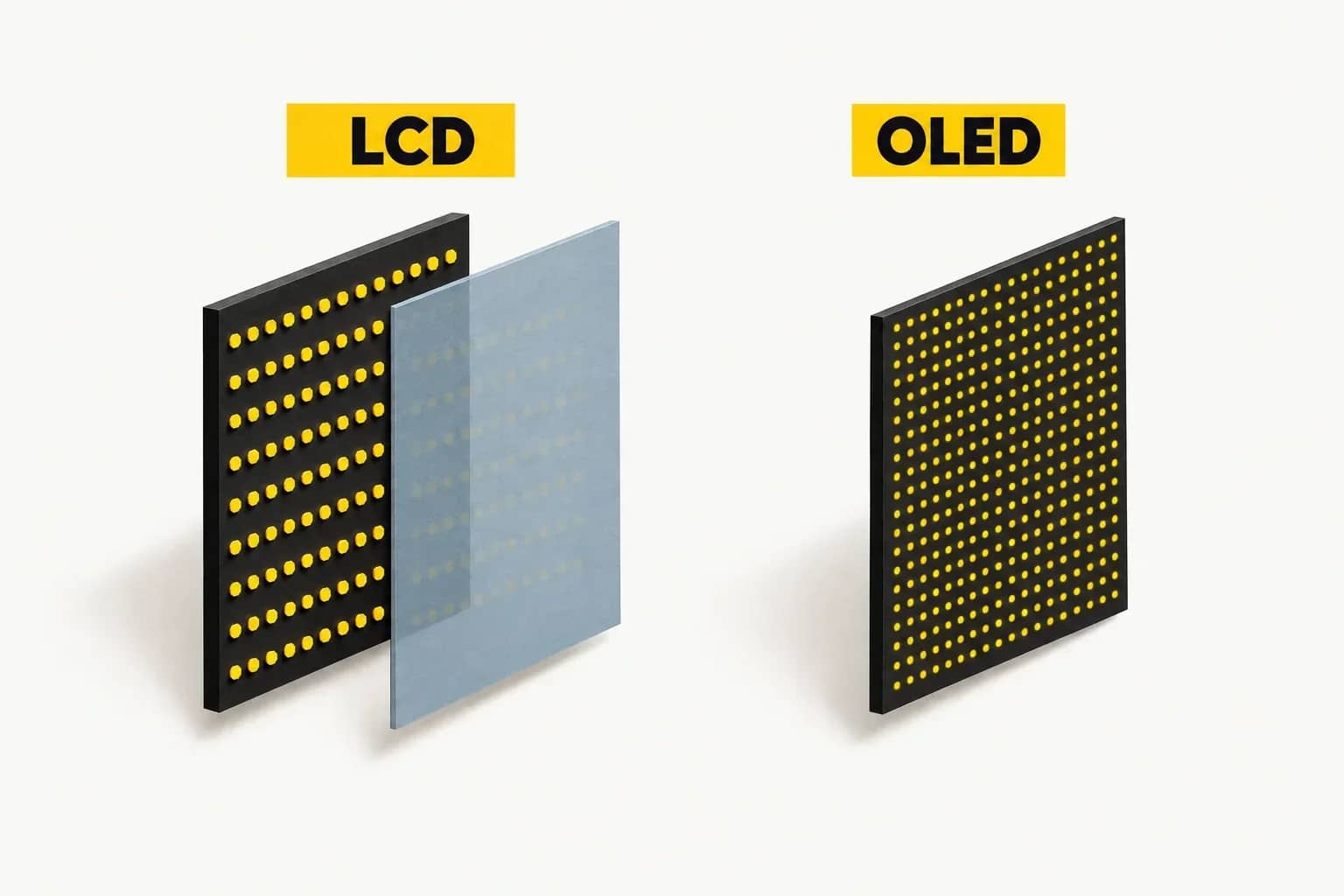 Schéma simplifié généré : LCD avec éclairage séparé à gauche ; OLED avec pixels lumineux sur la dalle à droite.