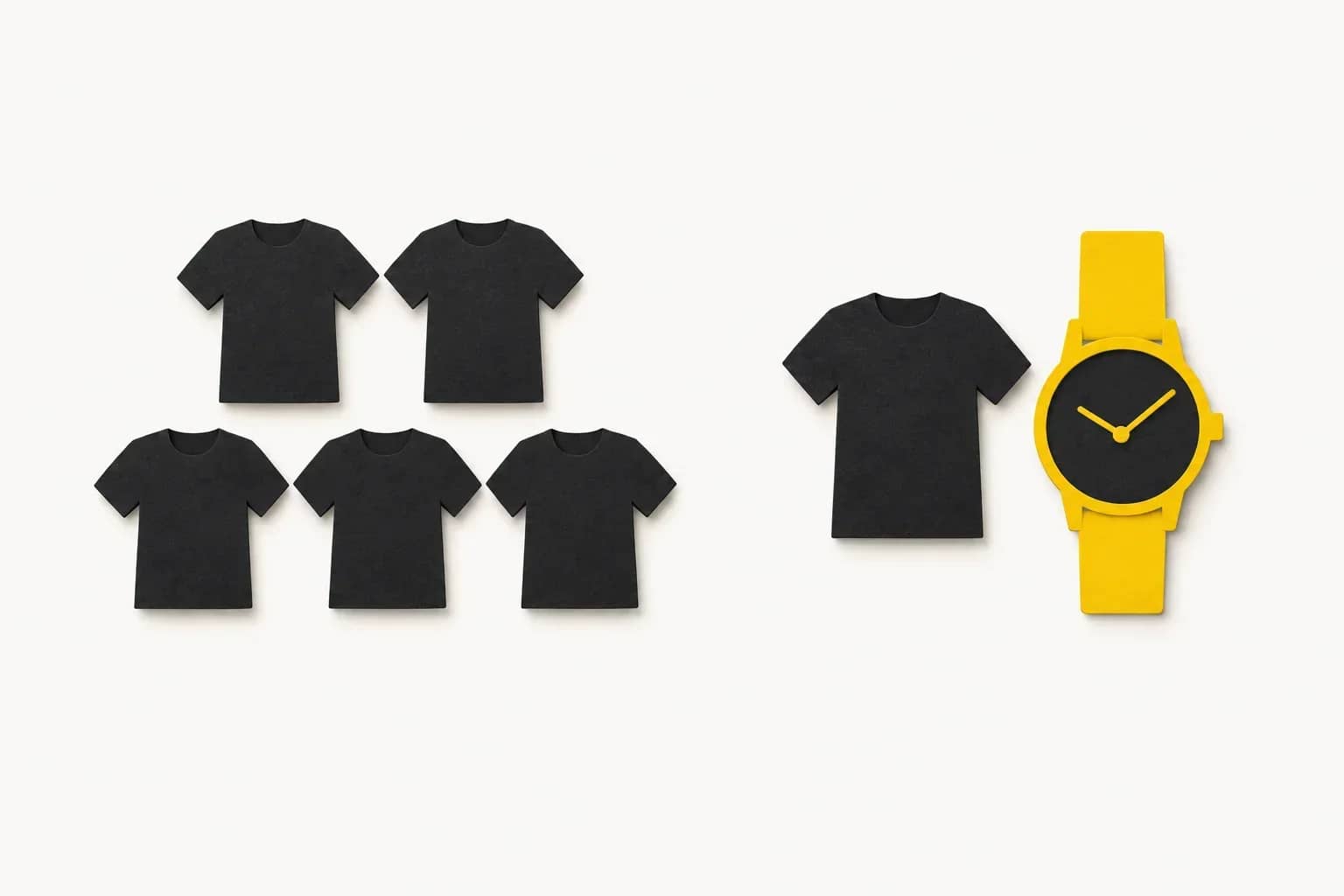 Illustration conceptuelle générée : cinq tee-shirts identiques à gauche ; un tee-shirt et une montre à droite.
