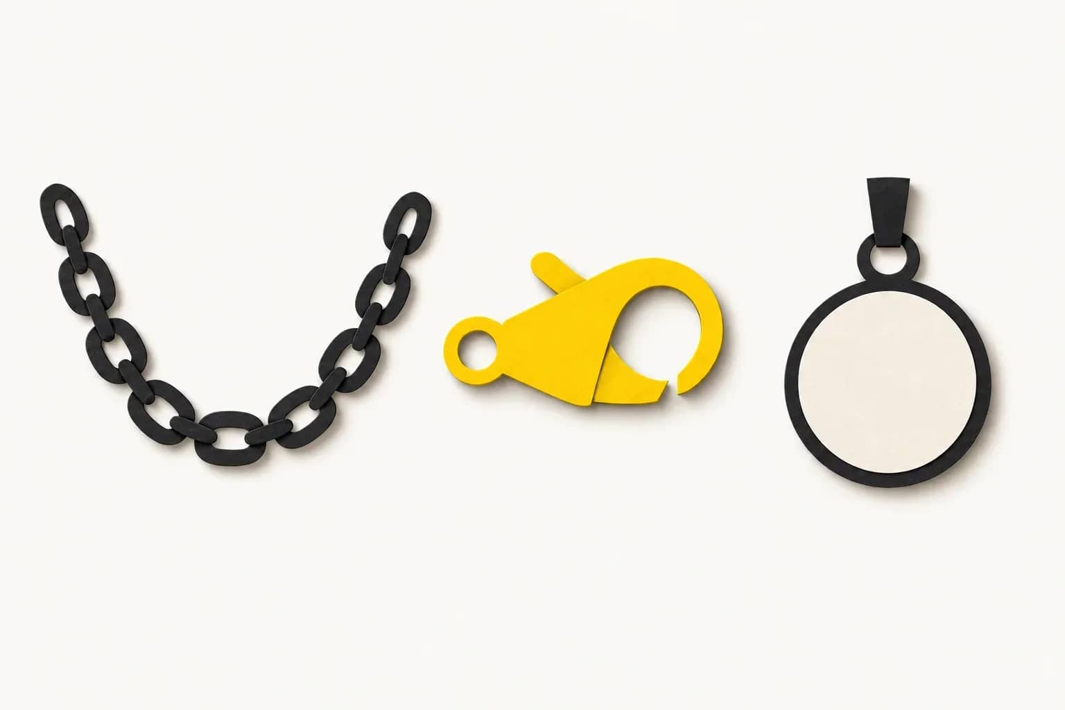 Chaîne, fermoir agrandi et pendentif séparés, en papier découpé. Illustration générée des parties d'un bijou à identifier pour les essais.