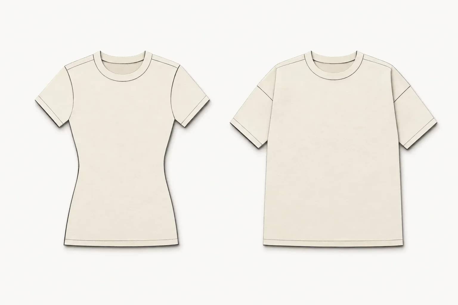 Deux t-shirts schématiques à plat : coupe ajustée et cintrée à gauche, coupe ample plus large à droite.