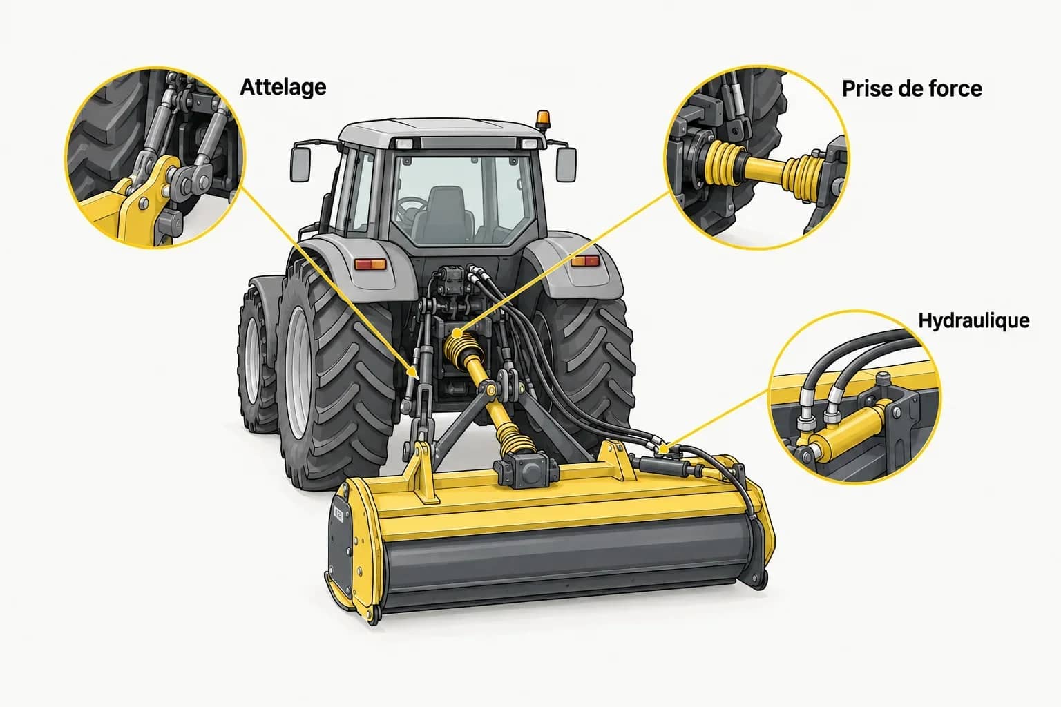 Schéma généré : un tracteur et son outil, avec détails reliés de l’attelage, de la prise de force protégée et de l’hydraulique.