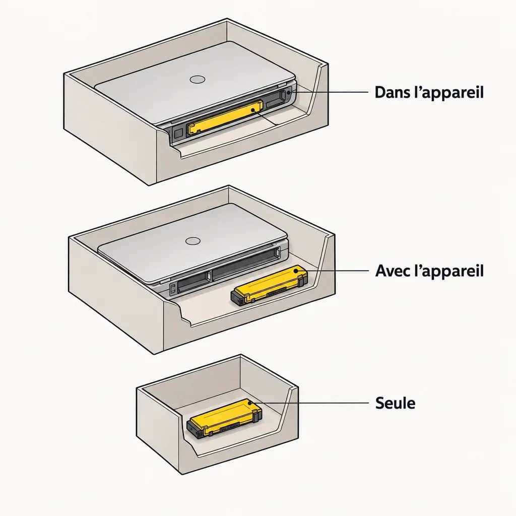 Schéma généré : batterie dans un ordinateur, séparée dans le même colis, puis seule dans un autre colis.
