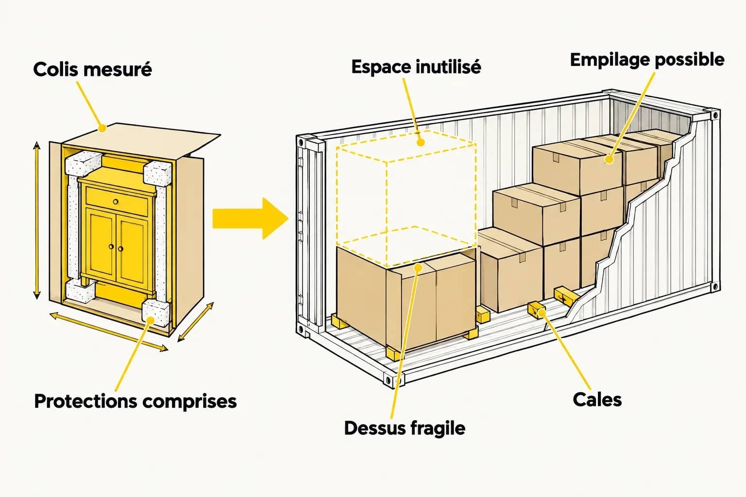 Coupe d’un meuble dans son carton avec ses protections, puis chargement laissant un espace vide au-dessus d’un colis fragile.