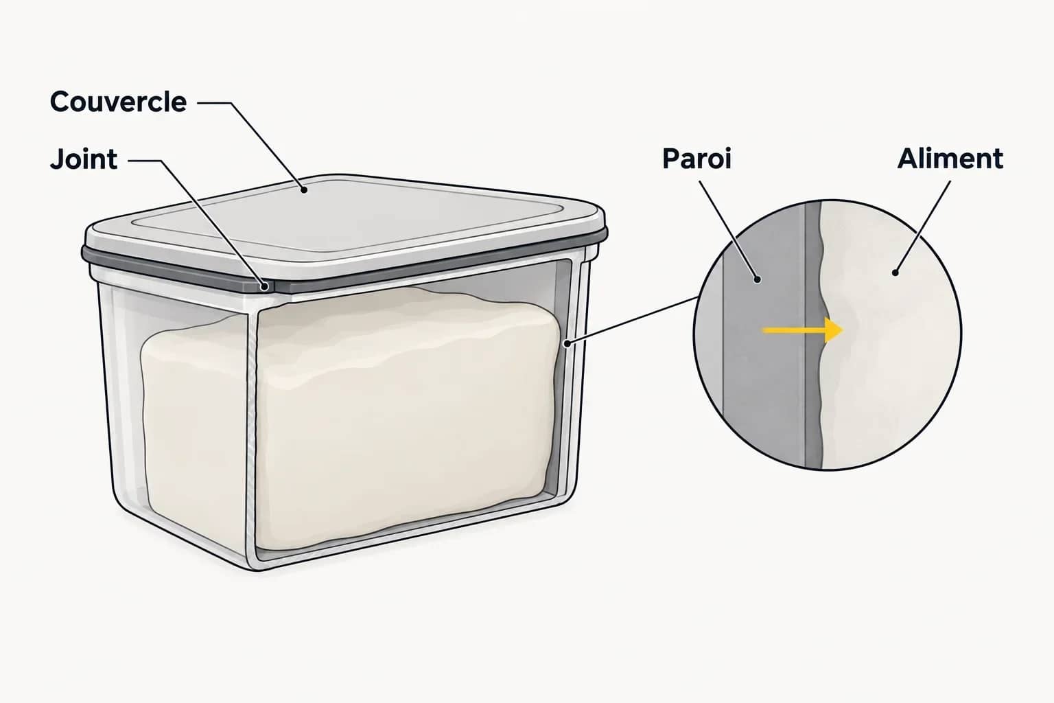 Schéma généré : boîte avec couvercle et joint ; un détail montre le passage possible de substances de la paroi vers l’aliment.