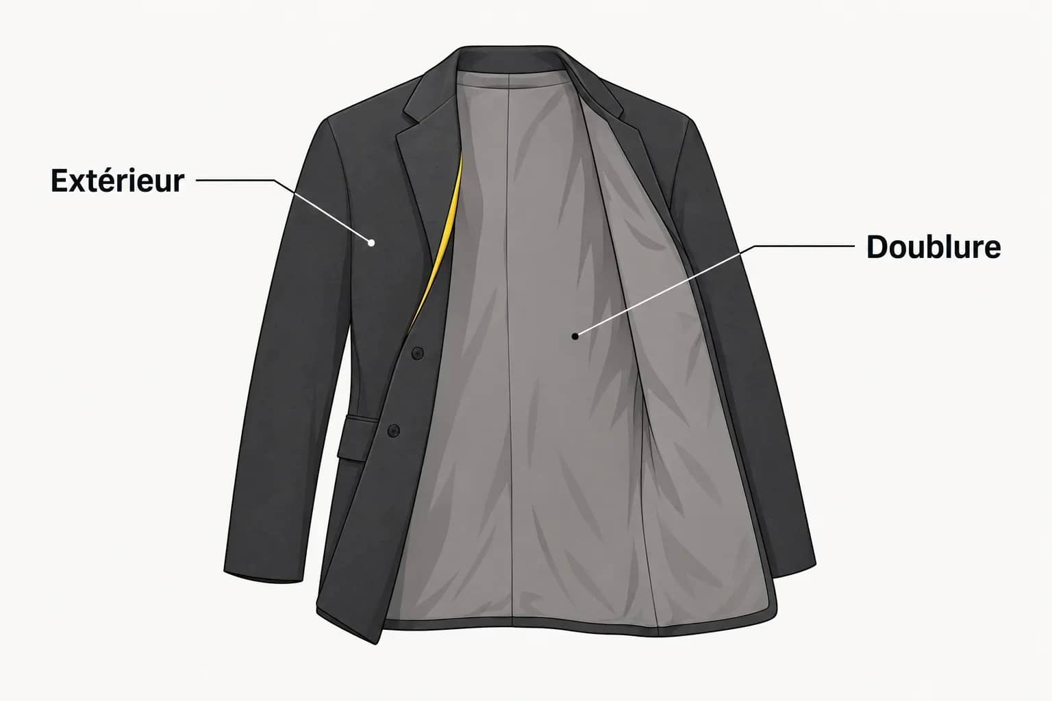 Illustration générée : veste entrouverte ; un repère désigne le tissu extérieur, l’autre la doublure principale visible à l’intérieur.
