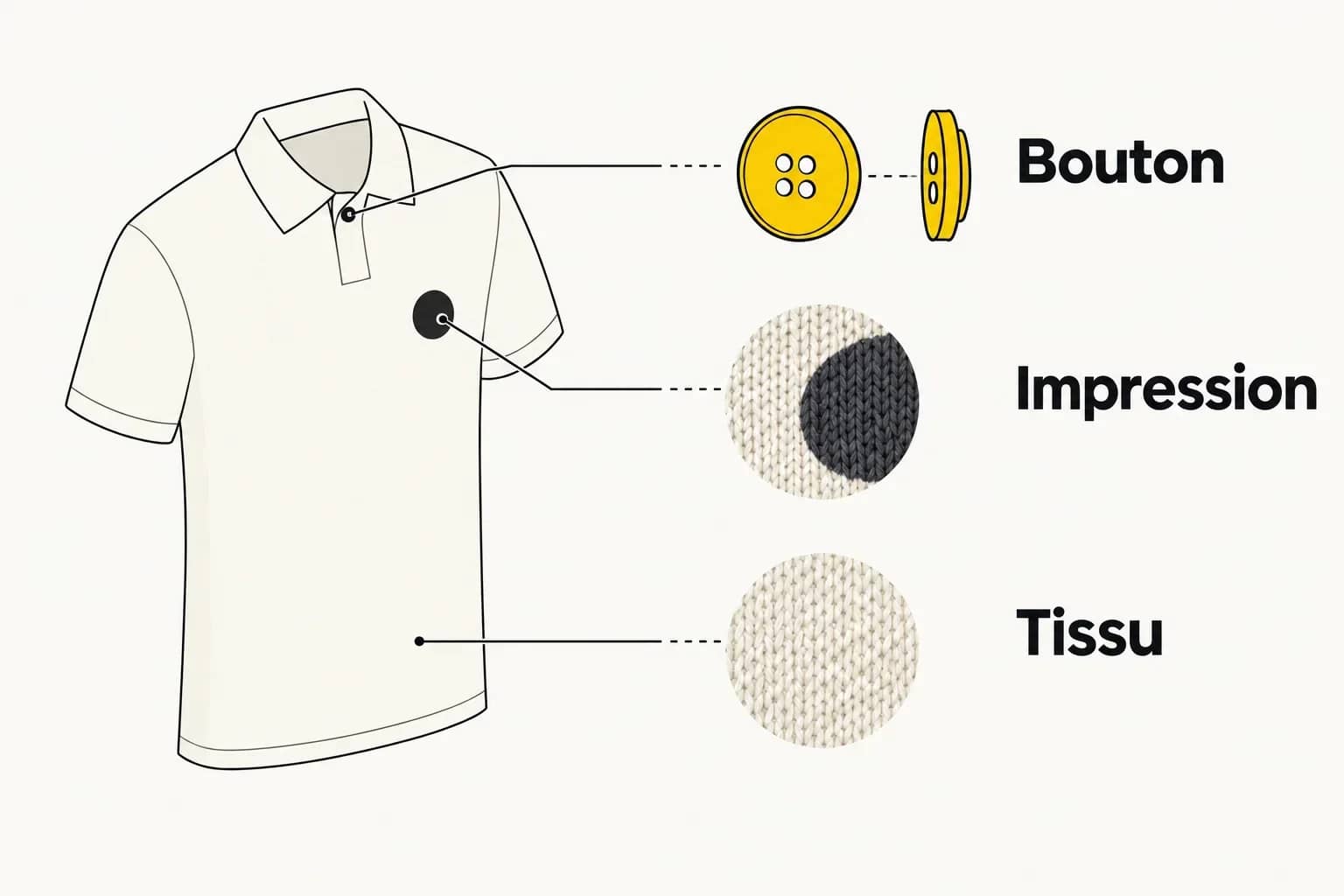 Un polo est relié à trois détails : son bouton, son impression sur les fibres et son tissu sans impression.