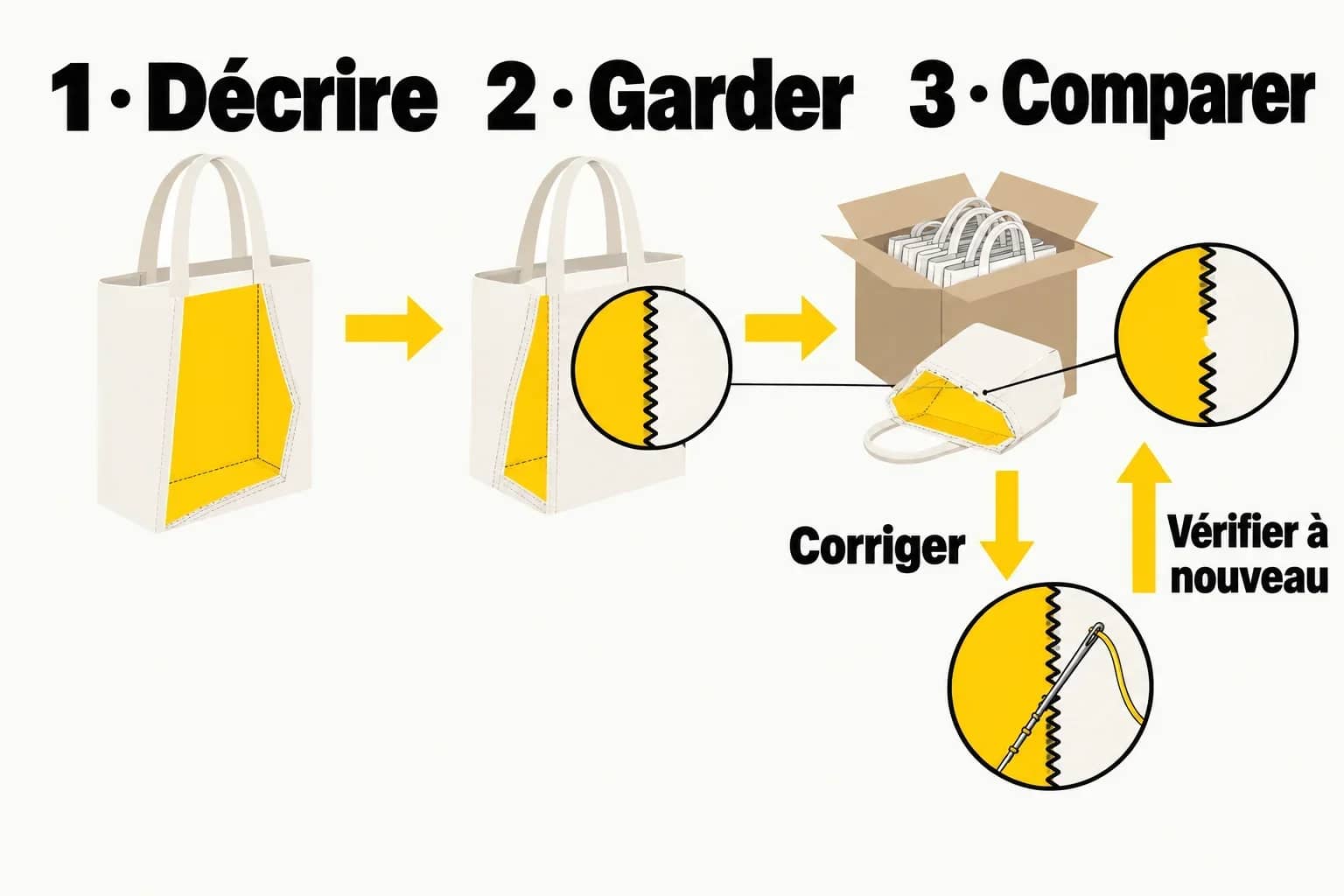 Schéma généré : le sac décrit mène à une référence conservée puis à la comparaison du lot ; une couture interrompue conduit à corriger puis vérifier à nouveau.