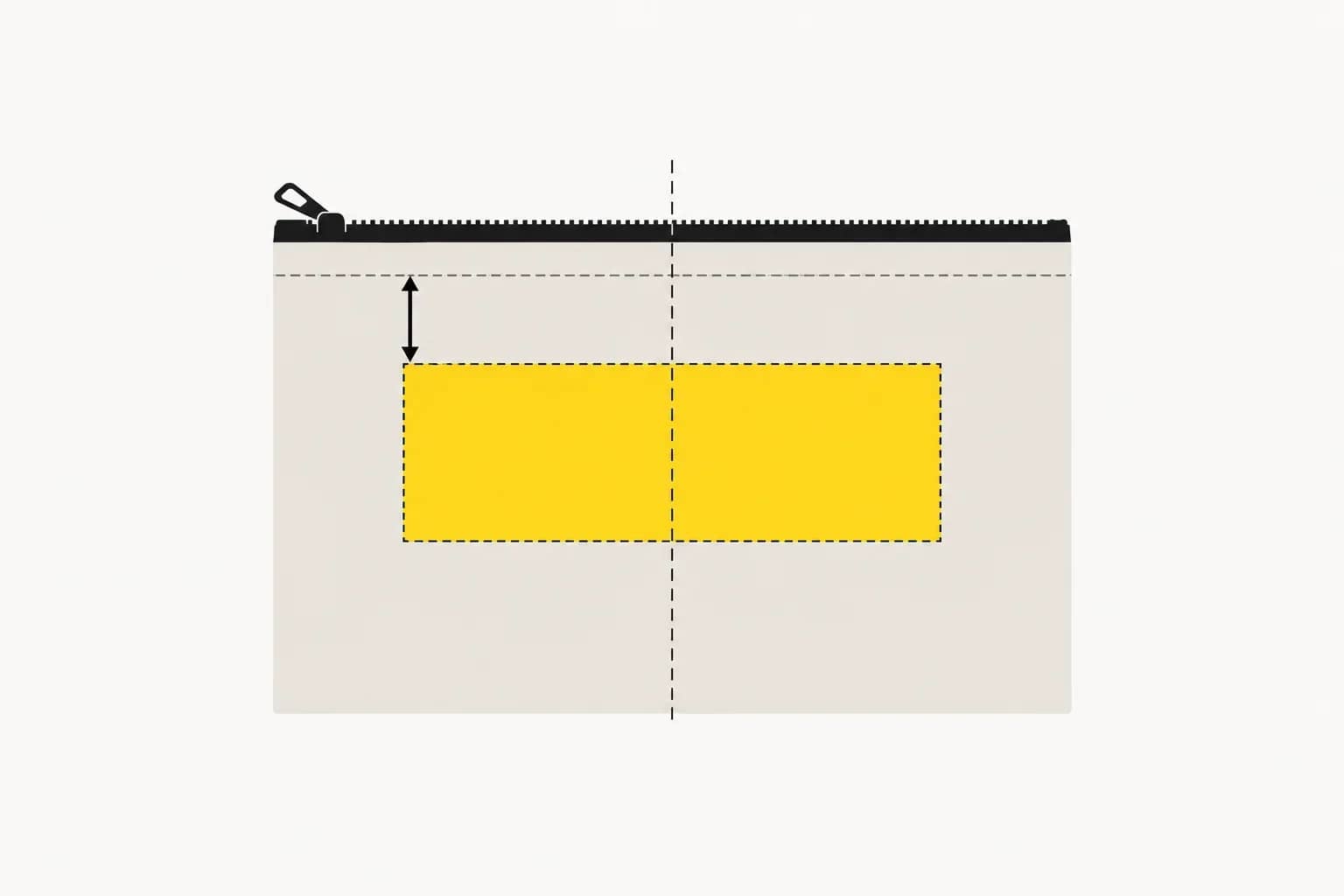 Schéma généré d’une trousse de face : zone de marquage centrée, axe vertical et flèche entre la couture supérieure et le haut de la zone.