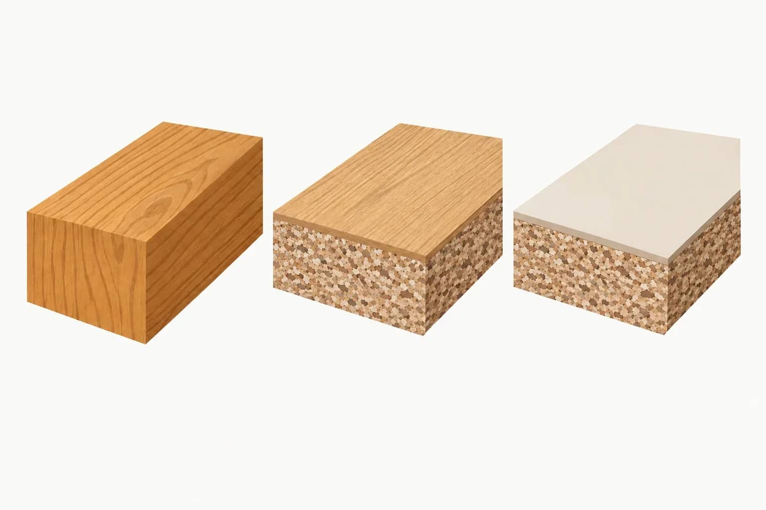 Trois coupes : bois massif à gauche, panneau de particules plaqué bois au centre et panneau décoré à droite.