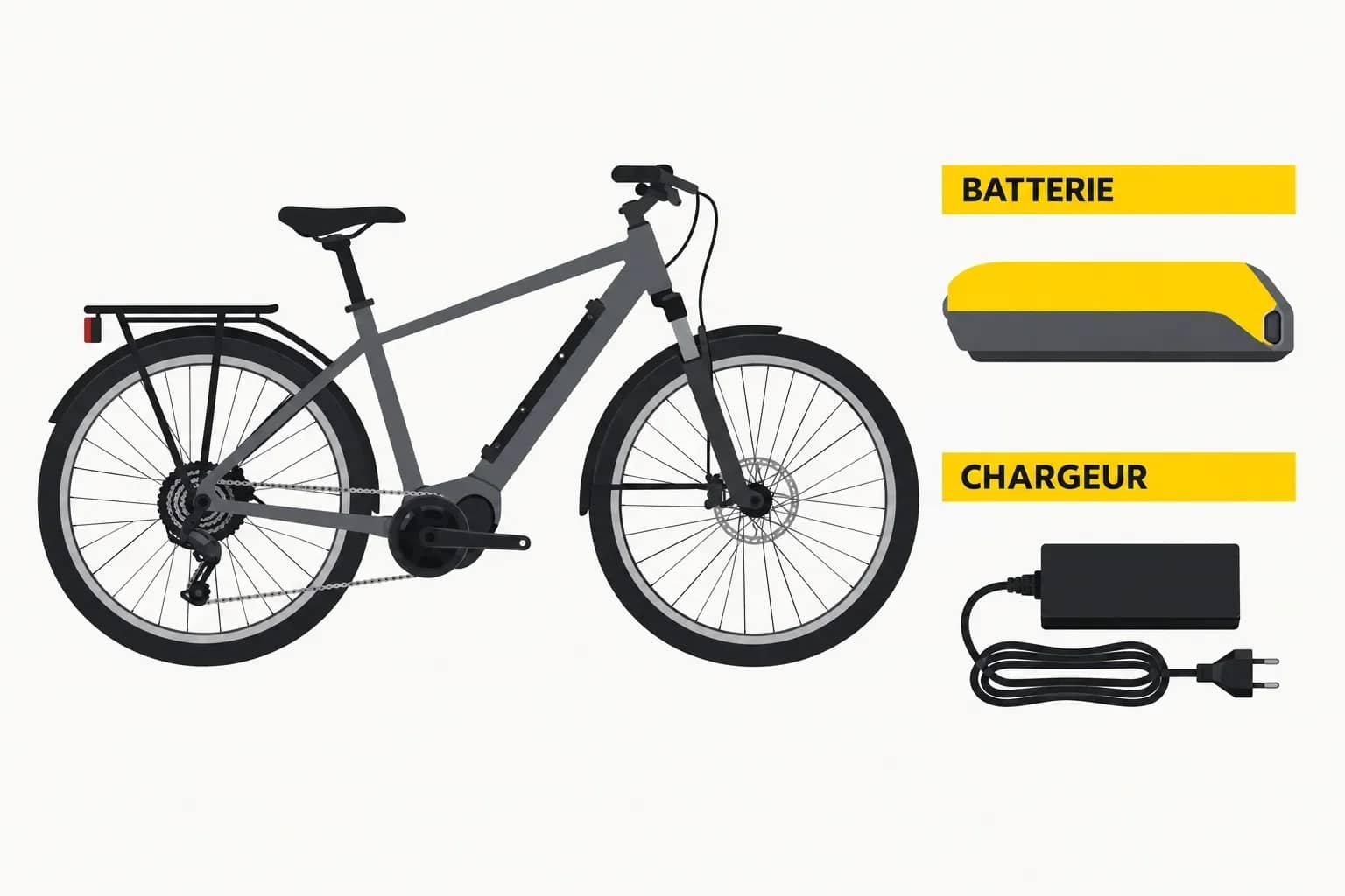 Un vélo générique à gauche, une batterie fermée en haut à droite et un chargeur secteur en bas à droite.