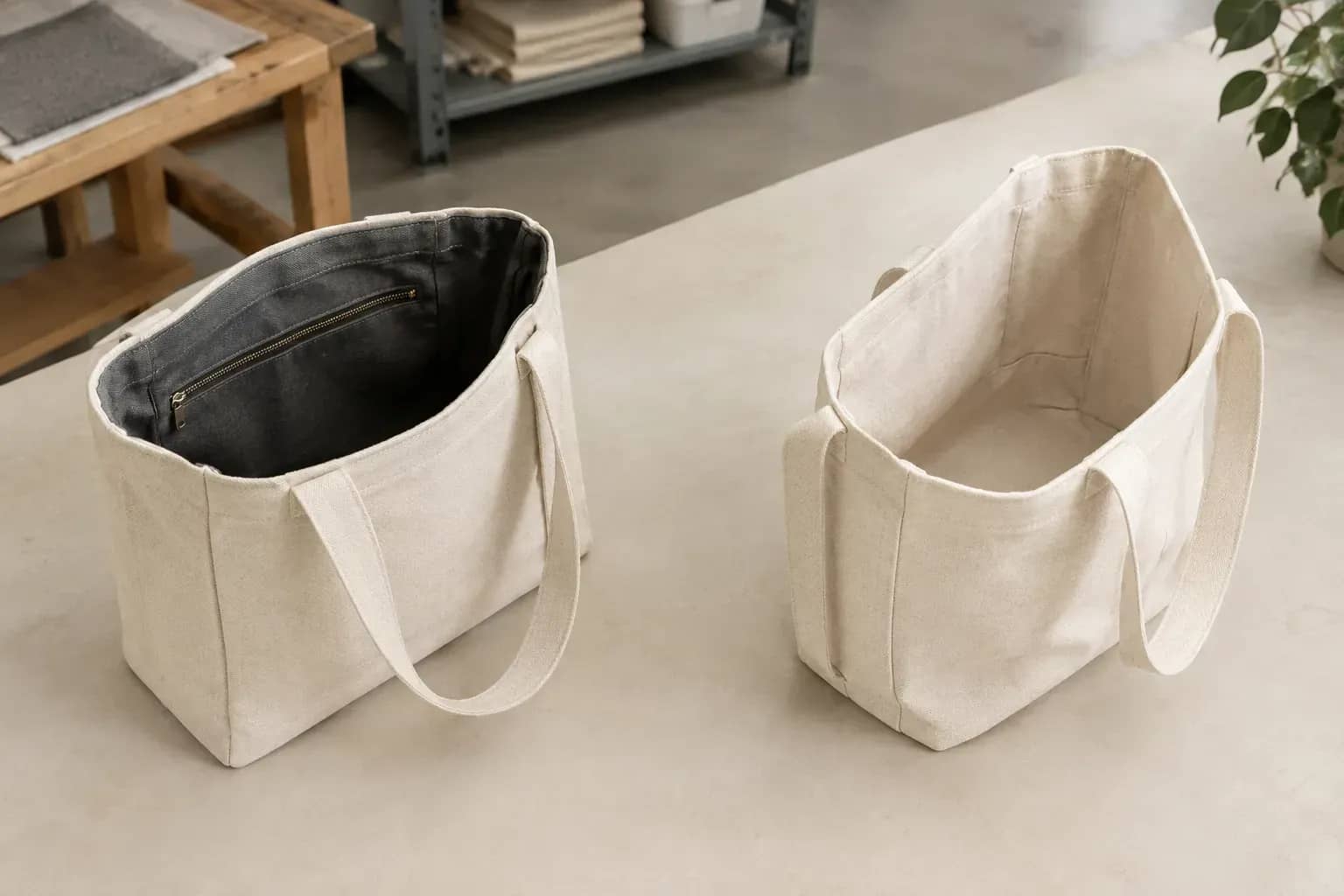Illustration générée : à gauche, un sac en toile avec doublure sombre et poche zippée ; à droite, un sac semblable sans doublure ni poche.