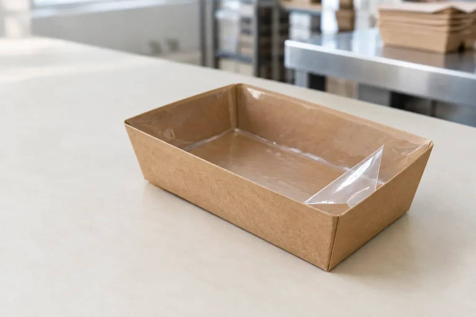 Barquette kraft avec une couche transparente soulevée dans un angle, illustration des éléments à identifier.