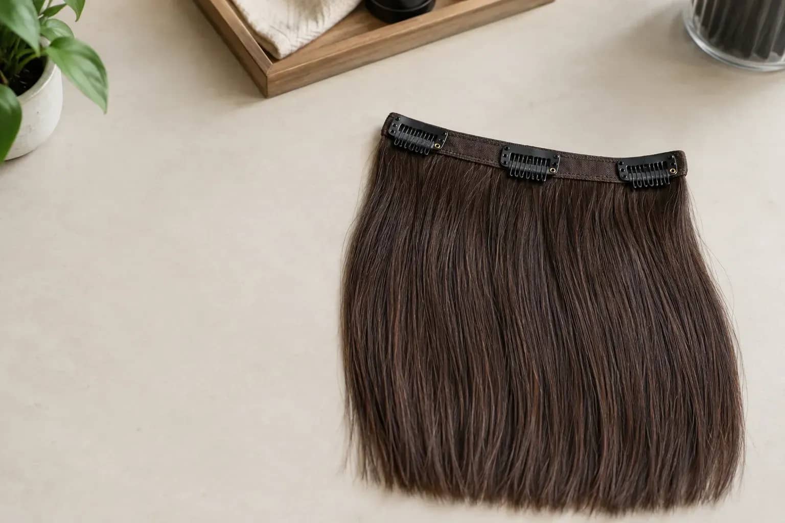 Dessous d'une extension avec sa bande cousue, trois clips et les fibres. Illustration conceptuelle.