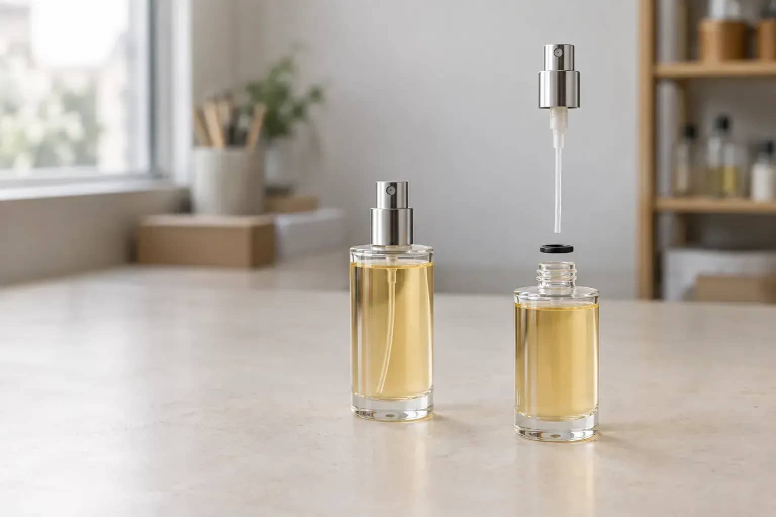Flacon de parfum assemblé et vue éclatée du flacon, du joint et de la pompe. Illustration générée, sans valeur de plan de fabrication.