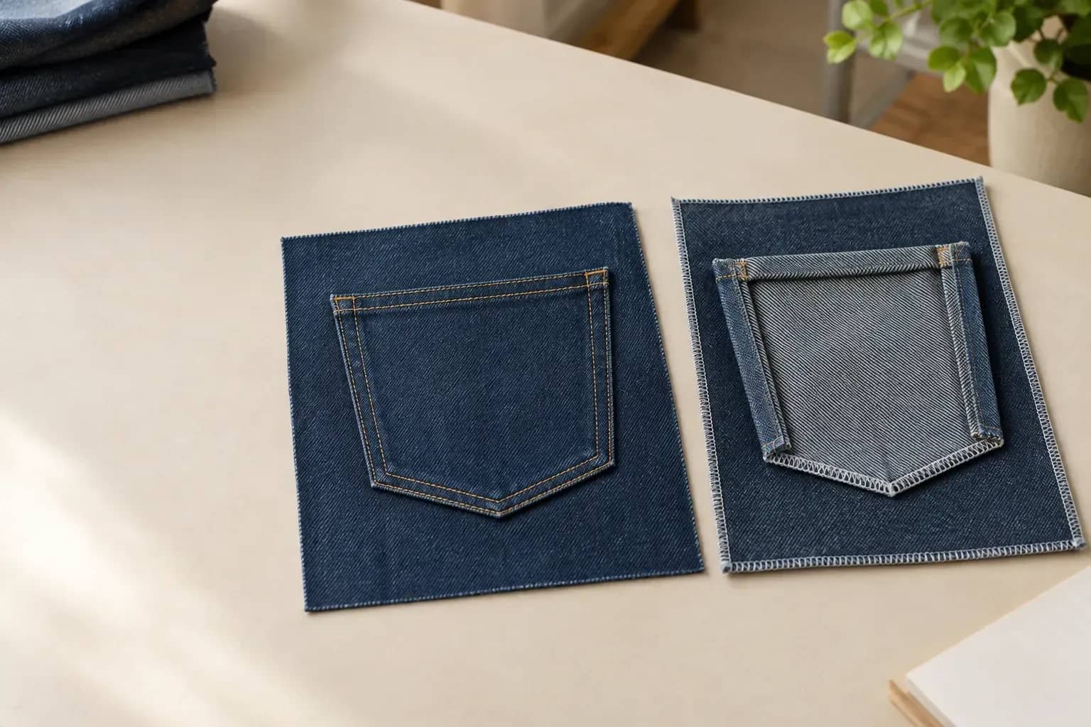 Deux pièces de poche en denim montrent les coutures du côté extérieur et du côté intérieur.