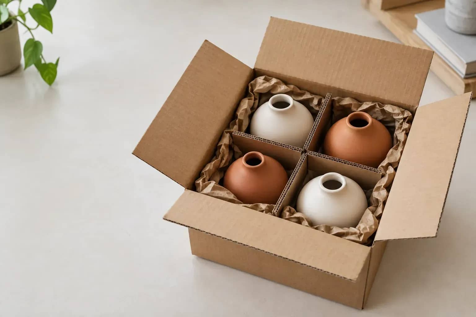 Quatre petits vases dans un carton ouvert, séparés par des cloisons et du papier de calage.