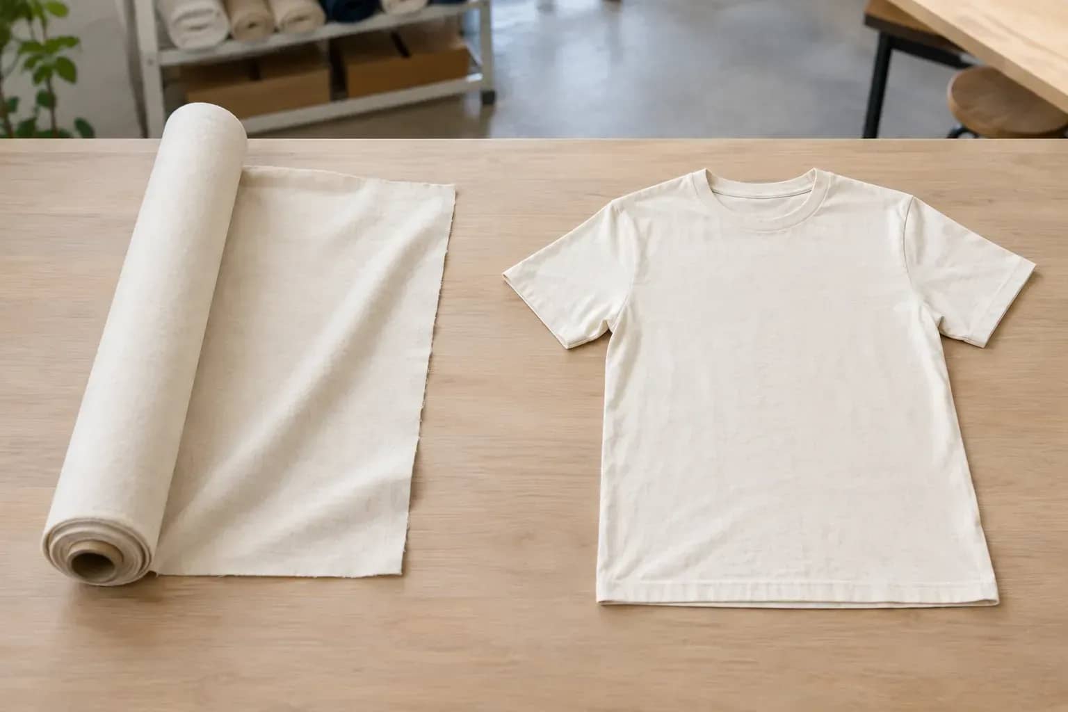 Illustration générée : un rouleau de tissu à gauche et un tee-shirt fini à droite.