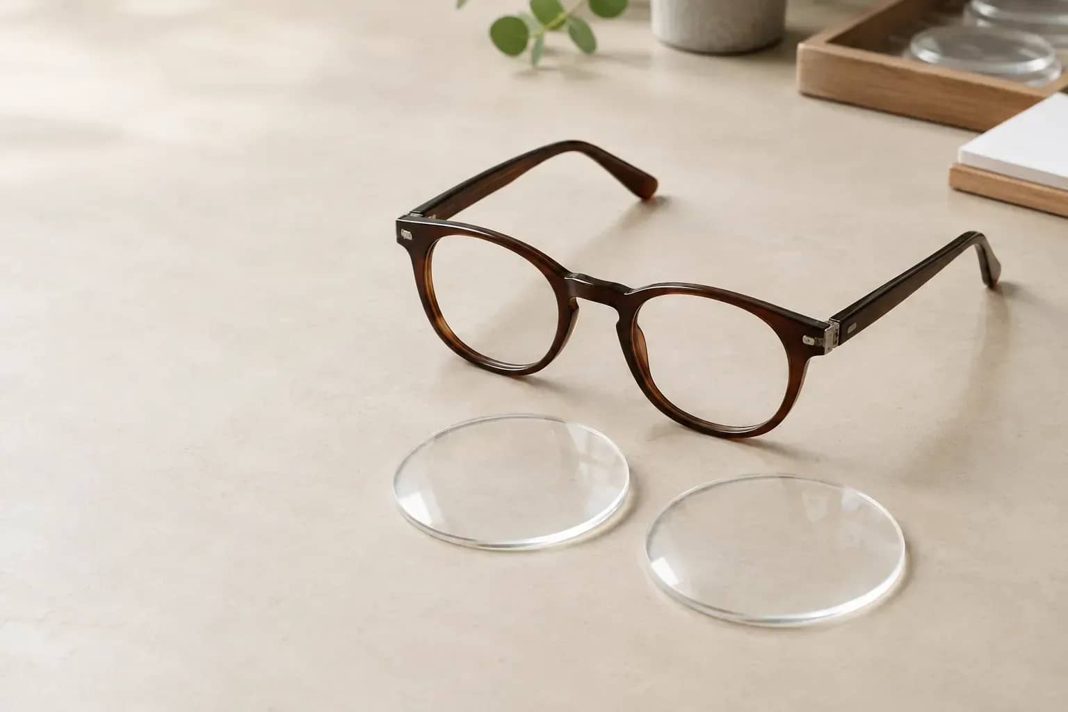 Monture de lunettes vide près de deux verres transparents ronds non montés.