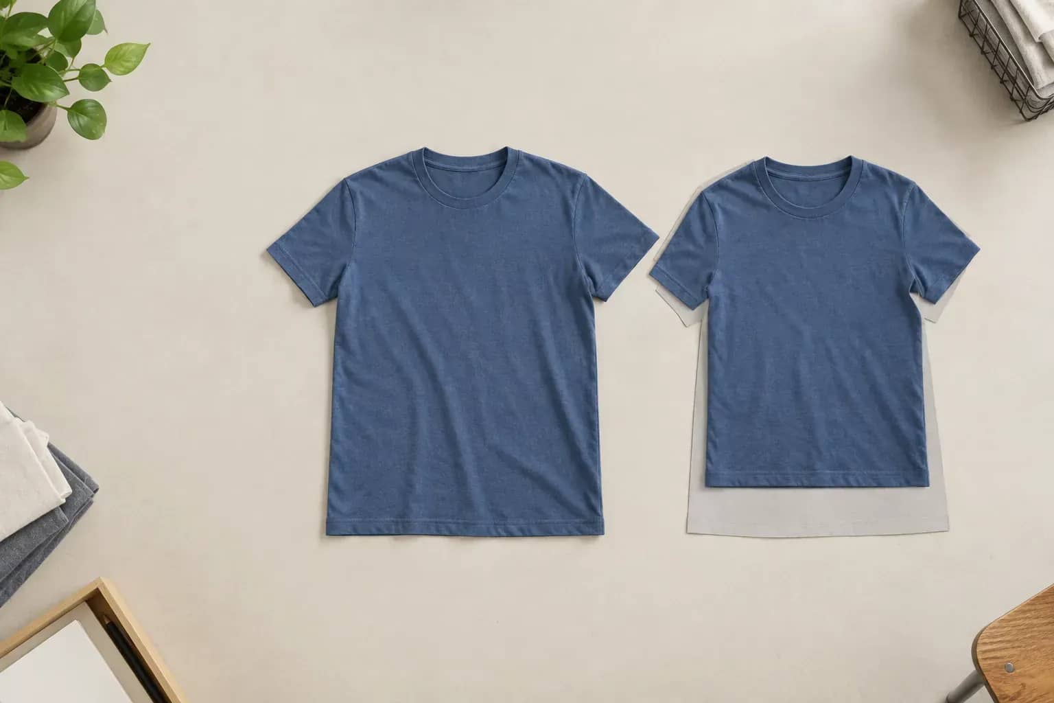 Deux t-shirts et le contour initial sous le plus court. Illustration générée du retrait au lavage, écart accentué.