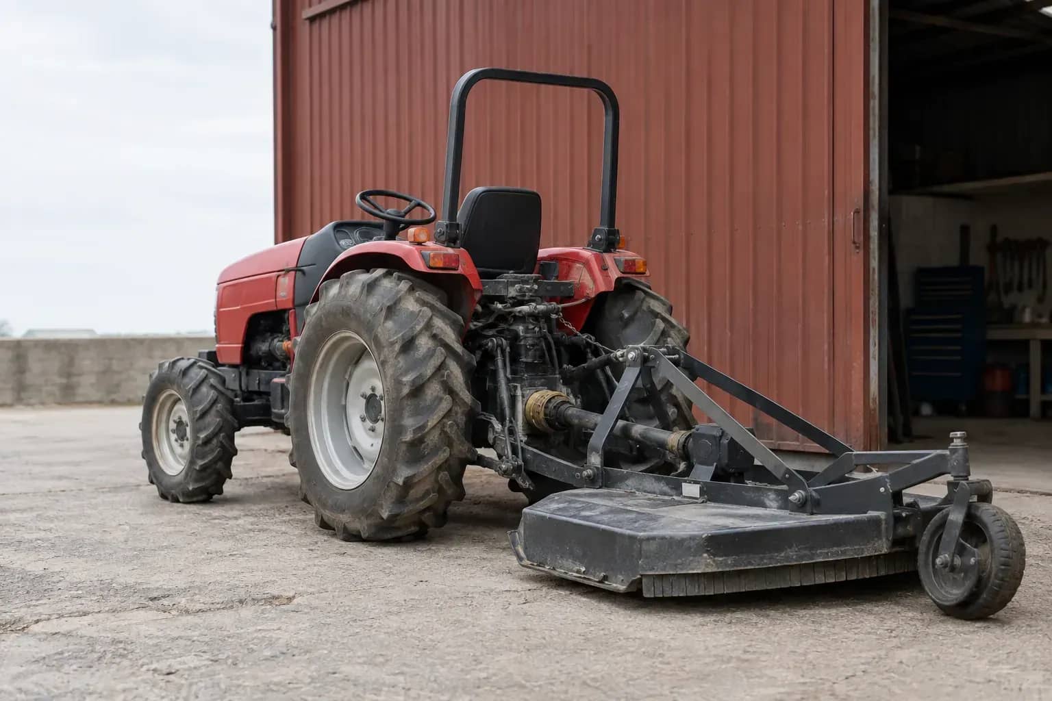 Tracteur compact et outil de coupe devant un bâtiment agricole. Illustration.