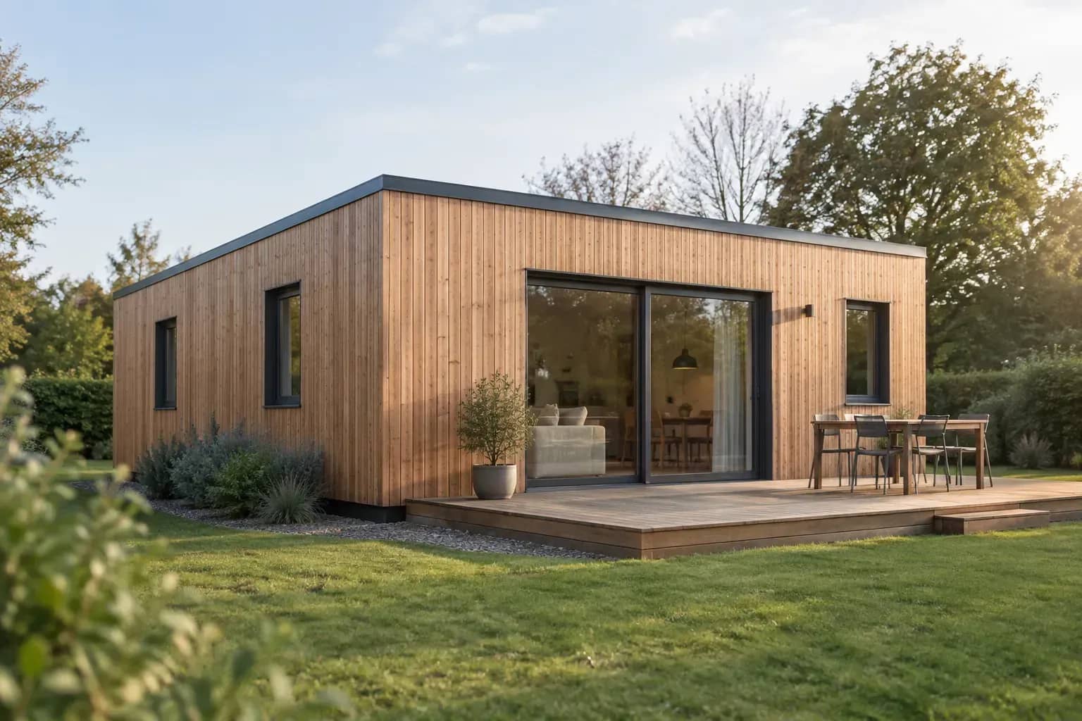 Bâtiment modulaire avec façade bois et terrasse. Illustration.