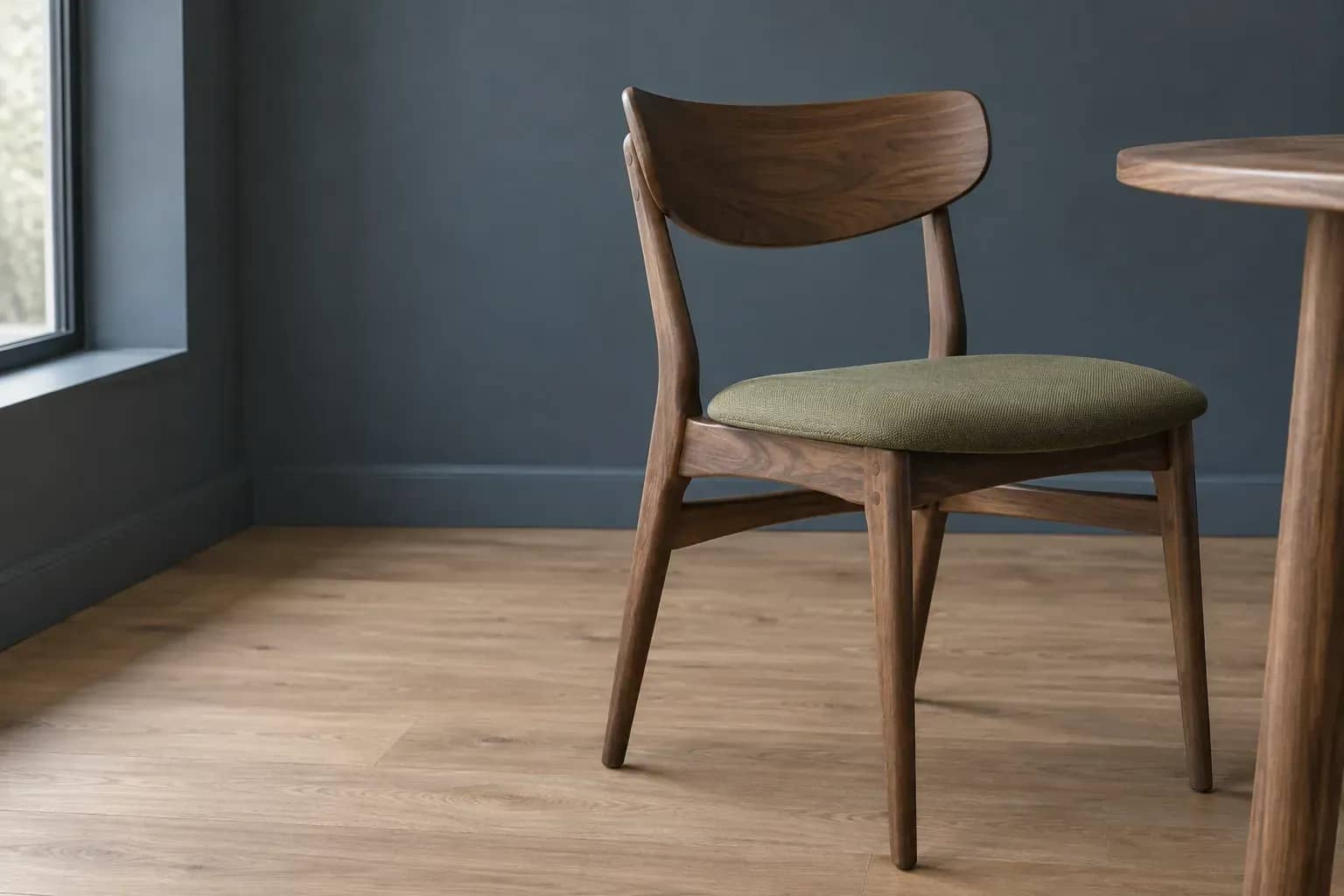 Chaise en bois et tissu dans un intérieur sobre. Illustration.