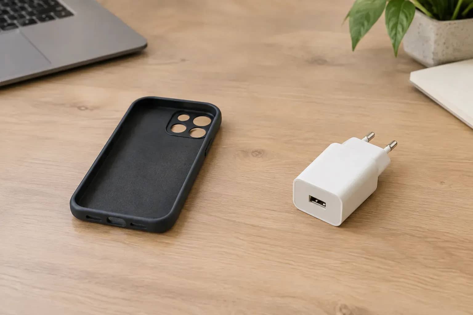 Coque de téléphone et chargeur USB sur un bureau. Illustration.