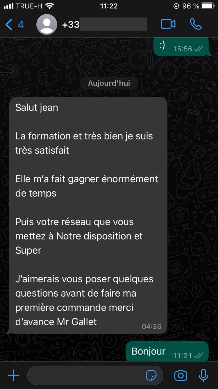 Message de M. Gallet sur le temps gagné et le réseau, avant sa première commande. Numéro de téléphone masqué.