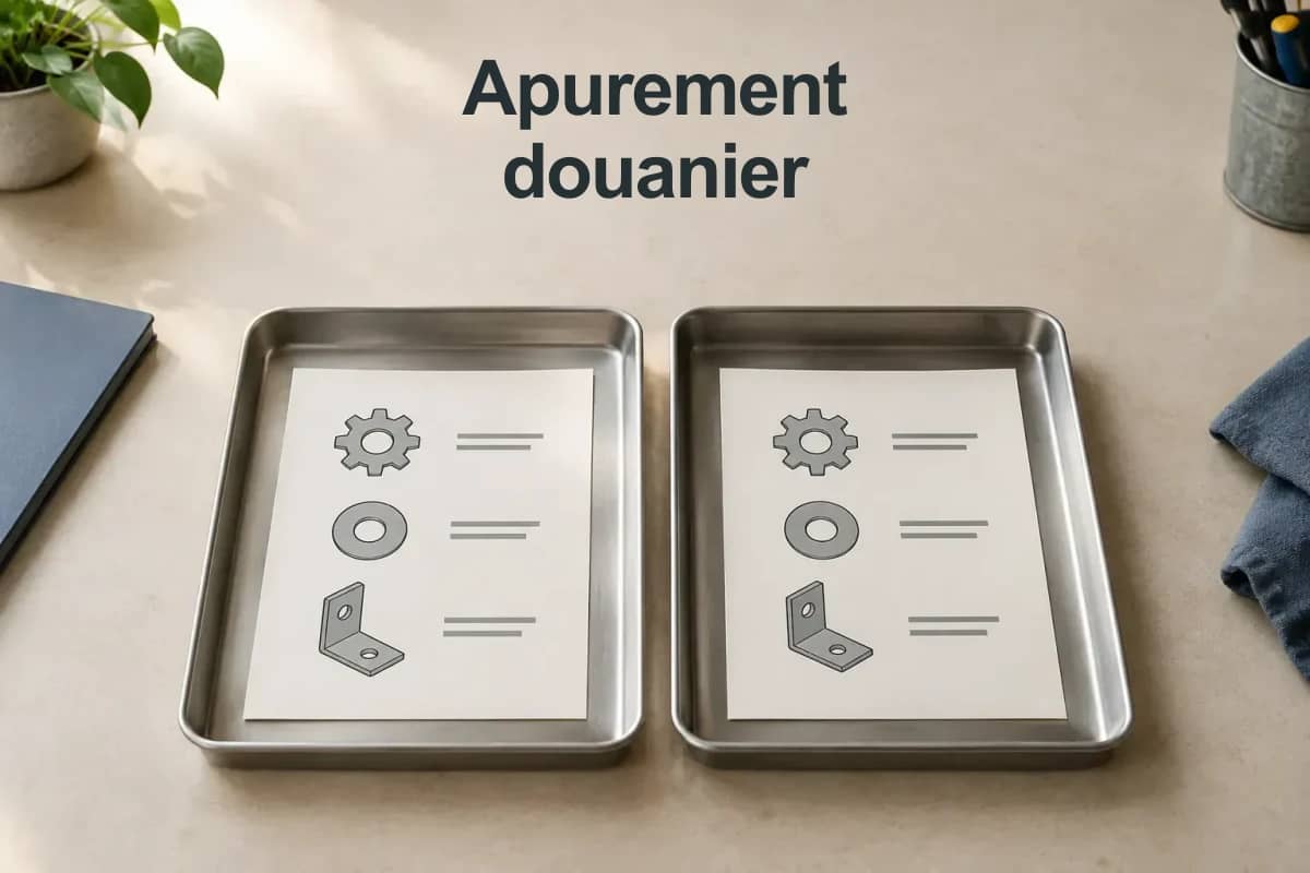 Apurement douanier : deux fiches illustrées rapprochées pour vérifier leur correspondance.