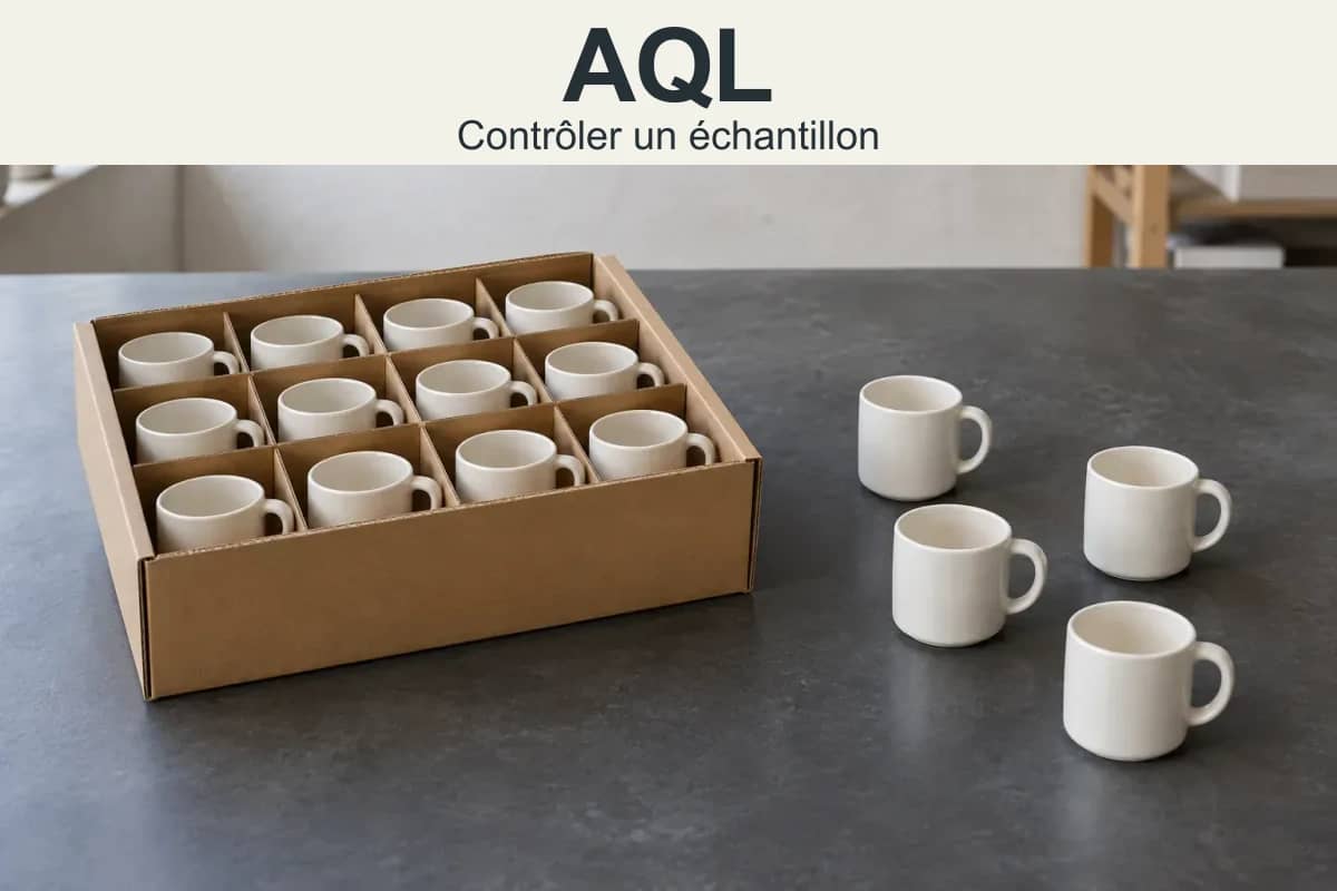 AQL — Contrôler un échantillon. Illustration de mugs dans un carton et de quelques mugs prélevés.