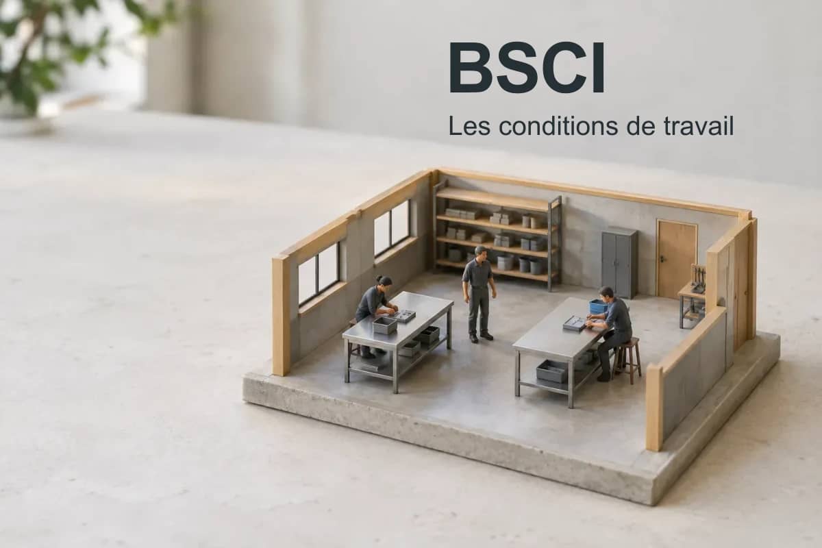 BSCI, les conditions de travail : illustration en maquette d’un atelier et de ses travailleurs.