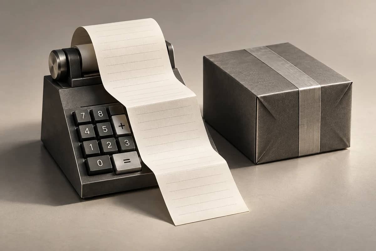 Illustration Sino : calculatrice en graphite, reçu et colis en métal plié pour représenter le coût import.