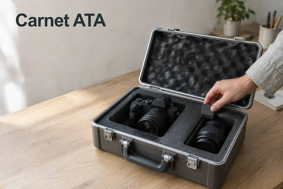 Carnet ATA : appareil photo dans une caisse de protection, illustration d'un voyage avec du matériel professionnel.
