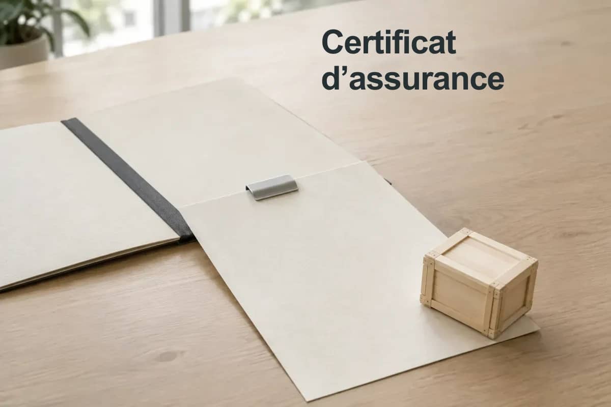 Certificat d’assurance : dossier, feuille séparée et petite caisse de transport.