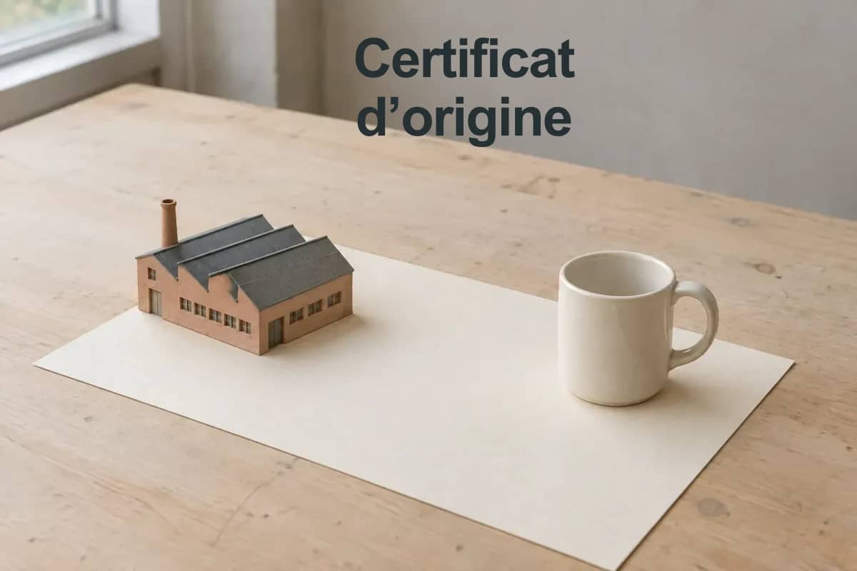 Certificat d'origine : manufacture miniature, produit et feuille évoquant le document.