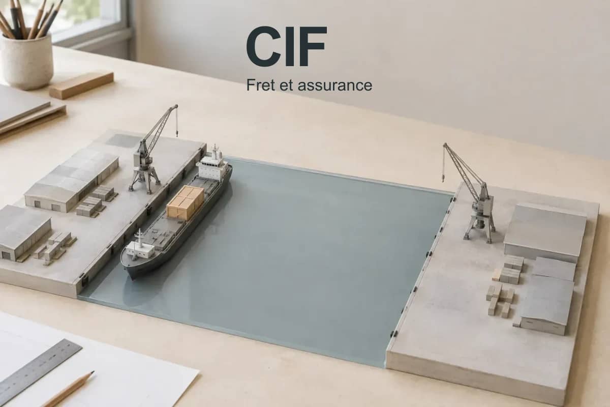 CIF, fret et assurance : maquette de deux ports, avec un navire chargé au départ.