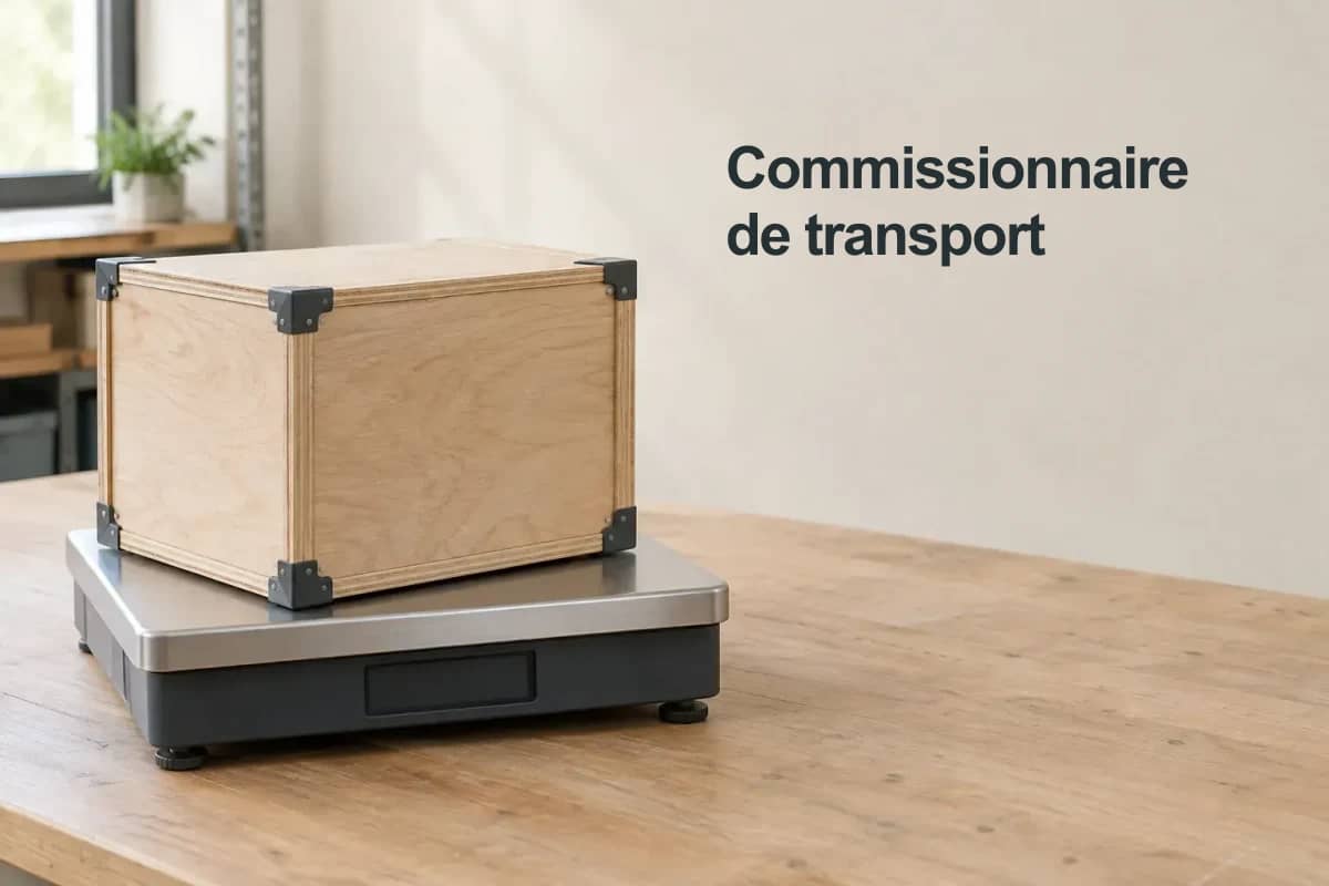 Commissionnaire de transport : une caisse sur une balance illustre le rôle du poids dans certains plafonds d'indemnité.