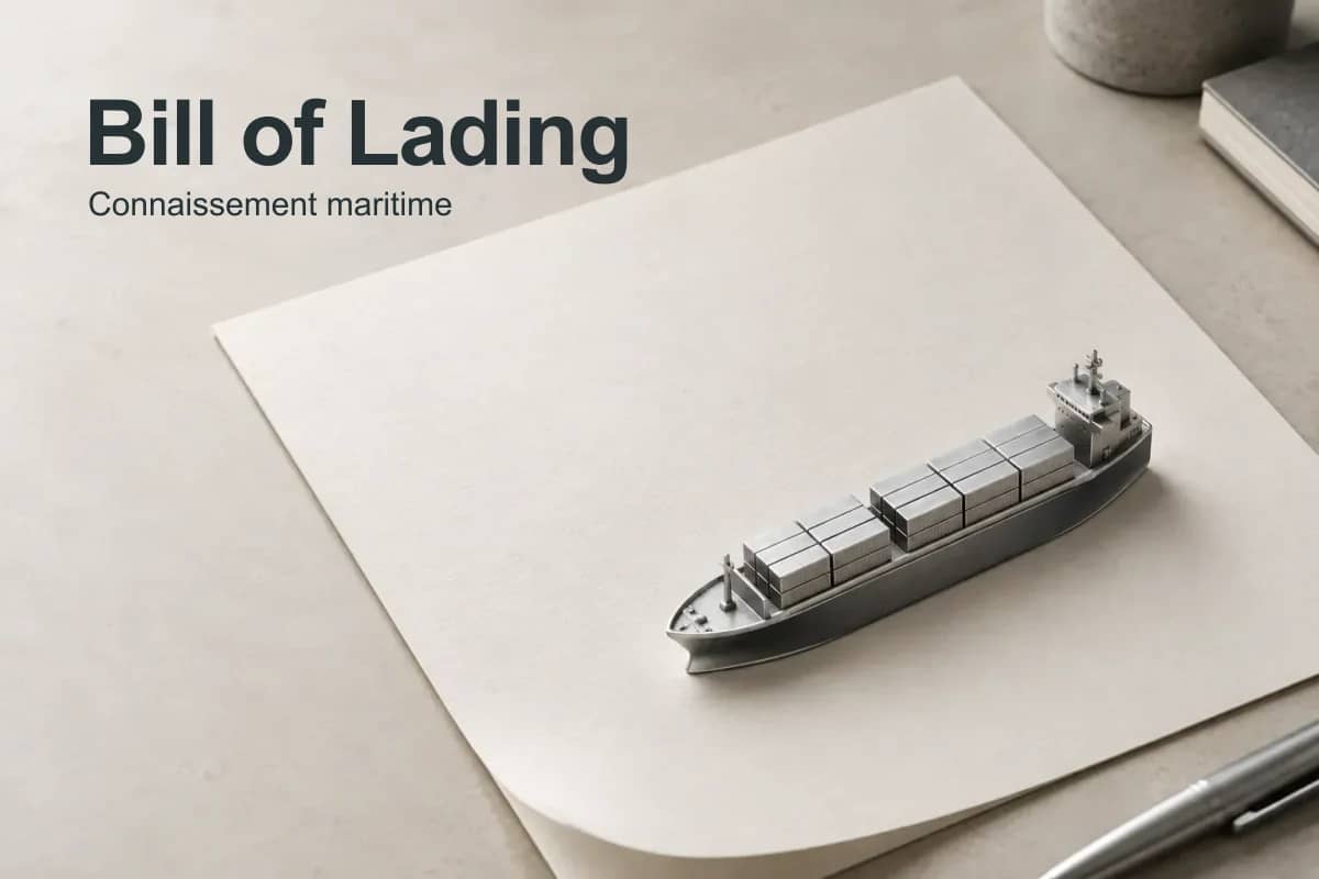 Bill of Lading : maquette de porte-conteneurs posée sur une feuille ivoire.