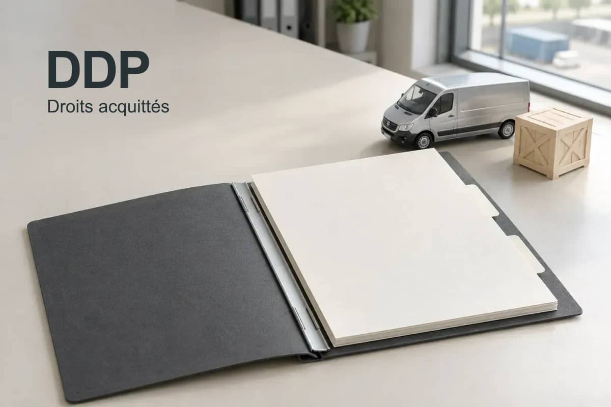 DDP, droits acquittés : un dossier ouvert accompagne une maquette de livraison.