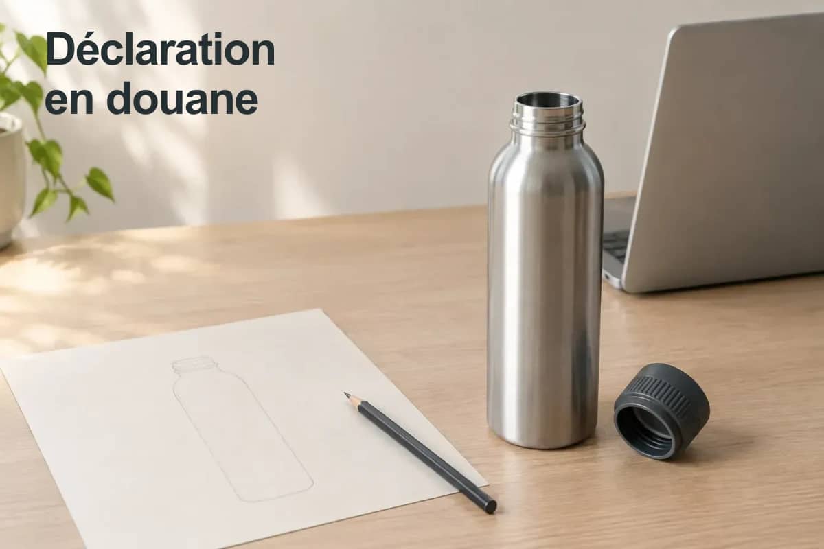 Déclaration en douane : une gourde en acier et ses informations produit à préparer.