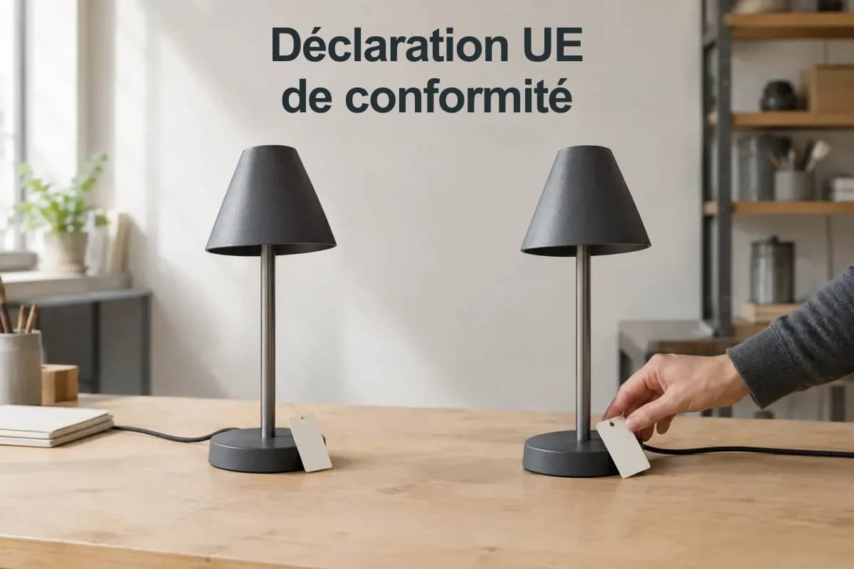 Déclaration UE de conformité : deux lampes identiques et un changement d'étiquette, illustration conceptuelle.