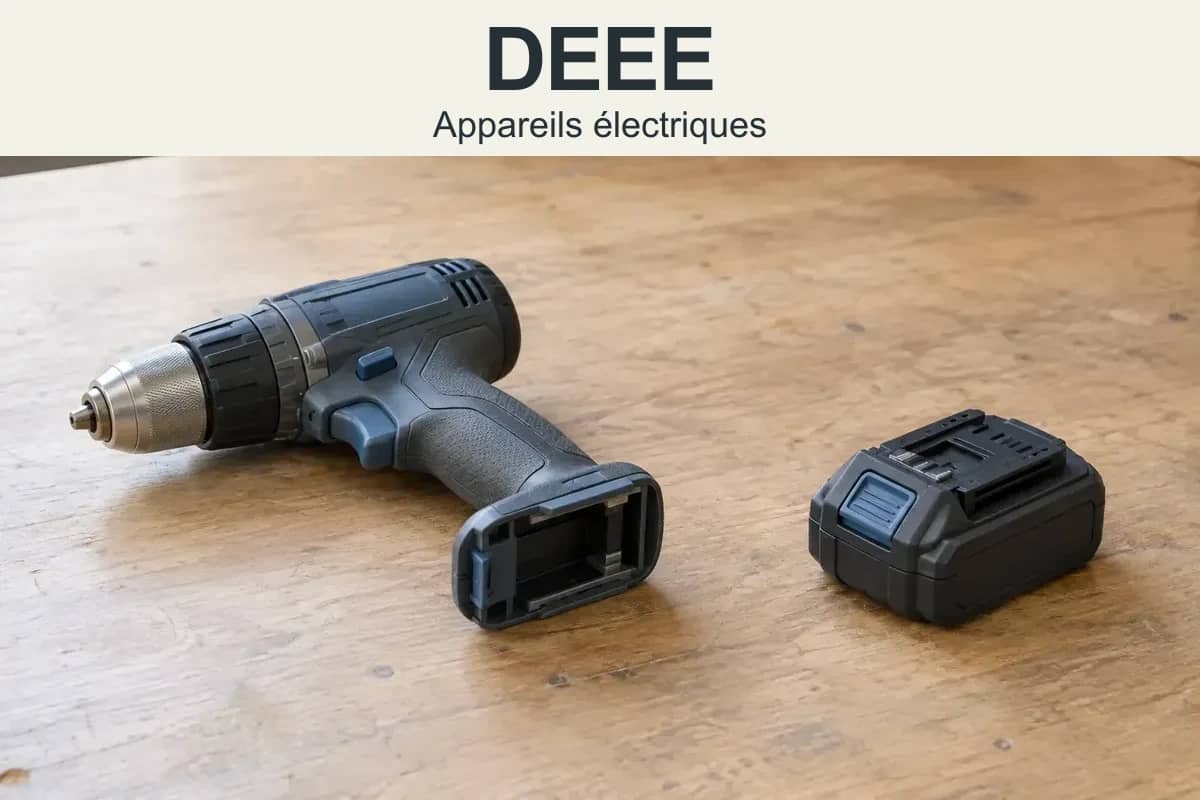 DEEE : une perceuse sans fil et sa batterie détachable, illustrées séparément.