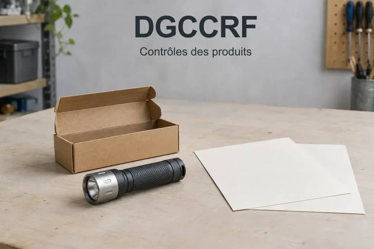 DGCCRF, contrôles des produits : une lampe torche, son emballage et des feuilles vierges.